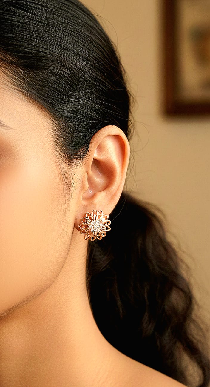 Rose Gold Plated 925 Sterling Silver Floral Stud Earrings