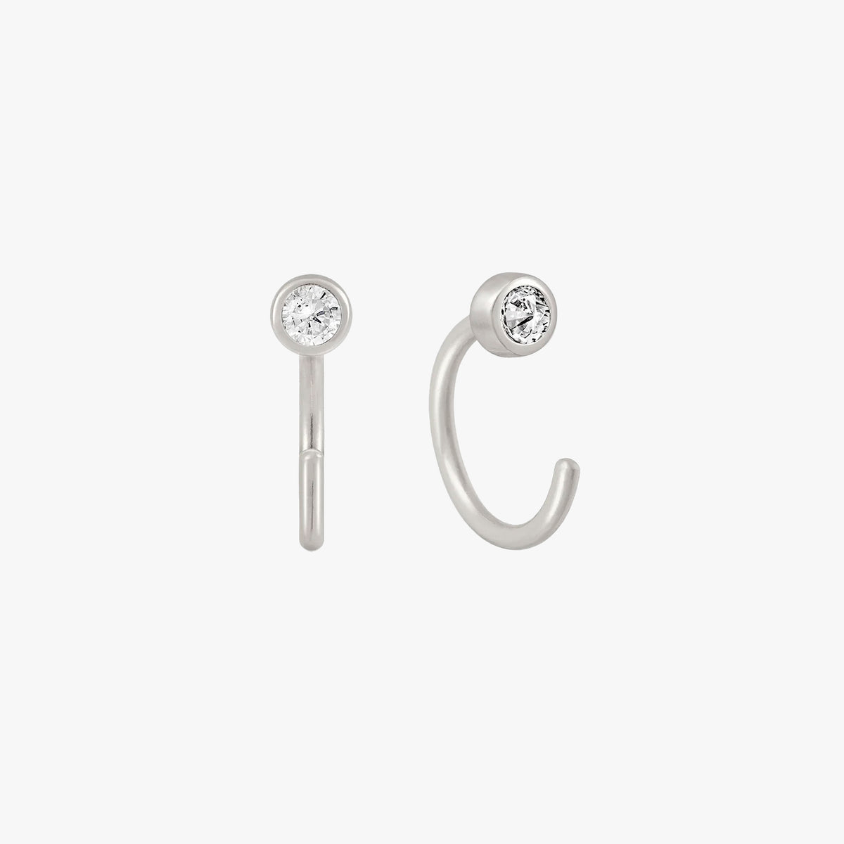 Close-up of sterling silver stone hoop earrings �? lightweight hypoallergenic hoops, sleep-safe for kids.