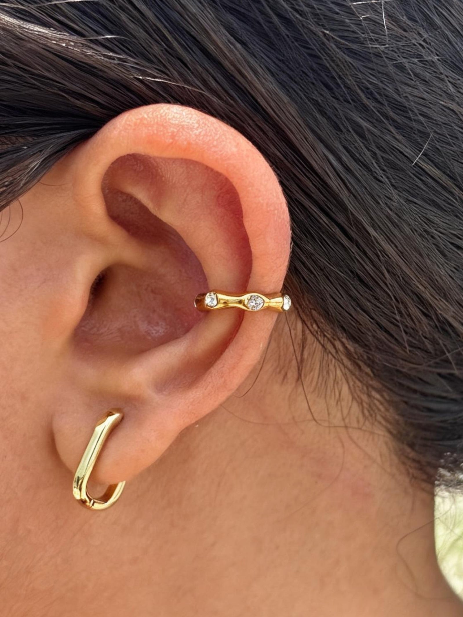 18k gold-plated Hazel ear cuff �? anti-tarnish, waterproof, hypoallergenic no-piercing single-piece cuff for stacks.
