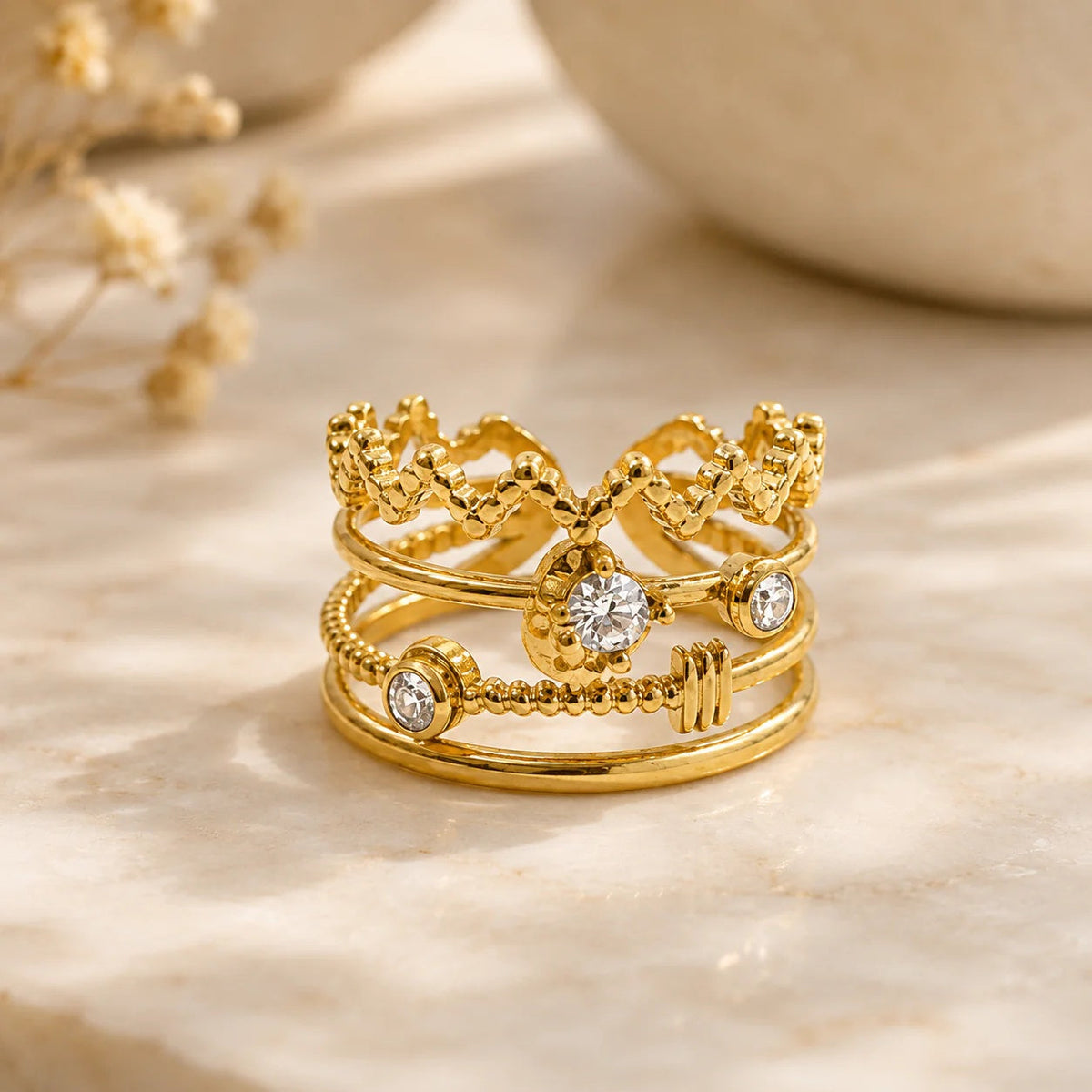 Gold Adjustable Multi-Layer Stack Ring for Women | Cubic Zirconia Open Ring | Statement Layered Finger Ring