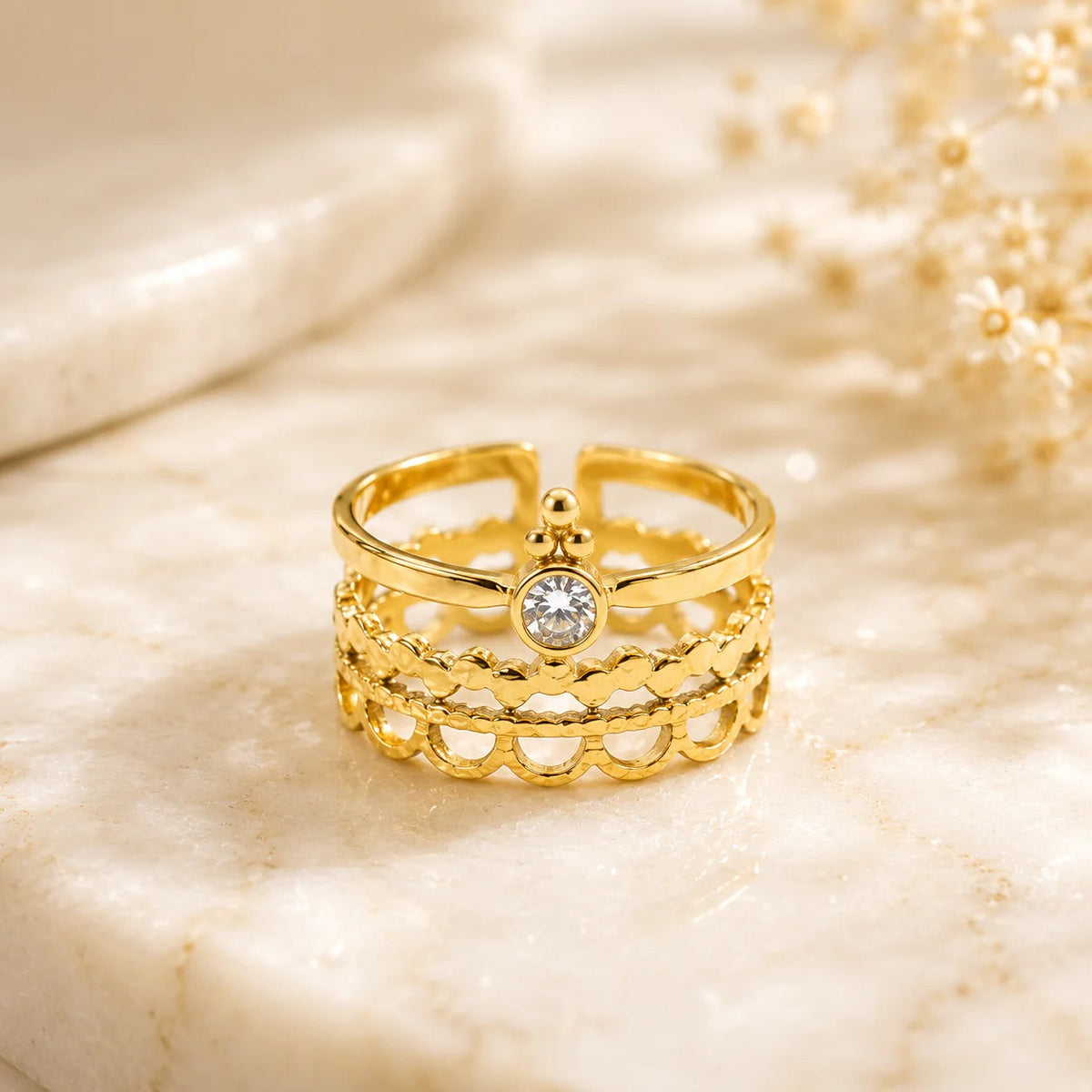 Gold Adjustable Stack Ring for Women | Crystal Open Ring | Layered Minimalist Ring | Stackable Fashion Ring