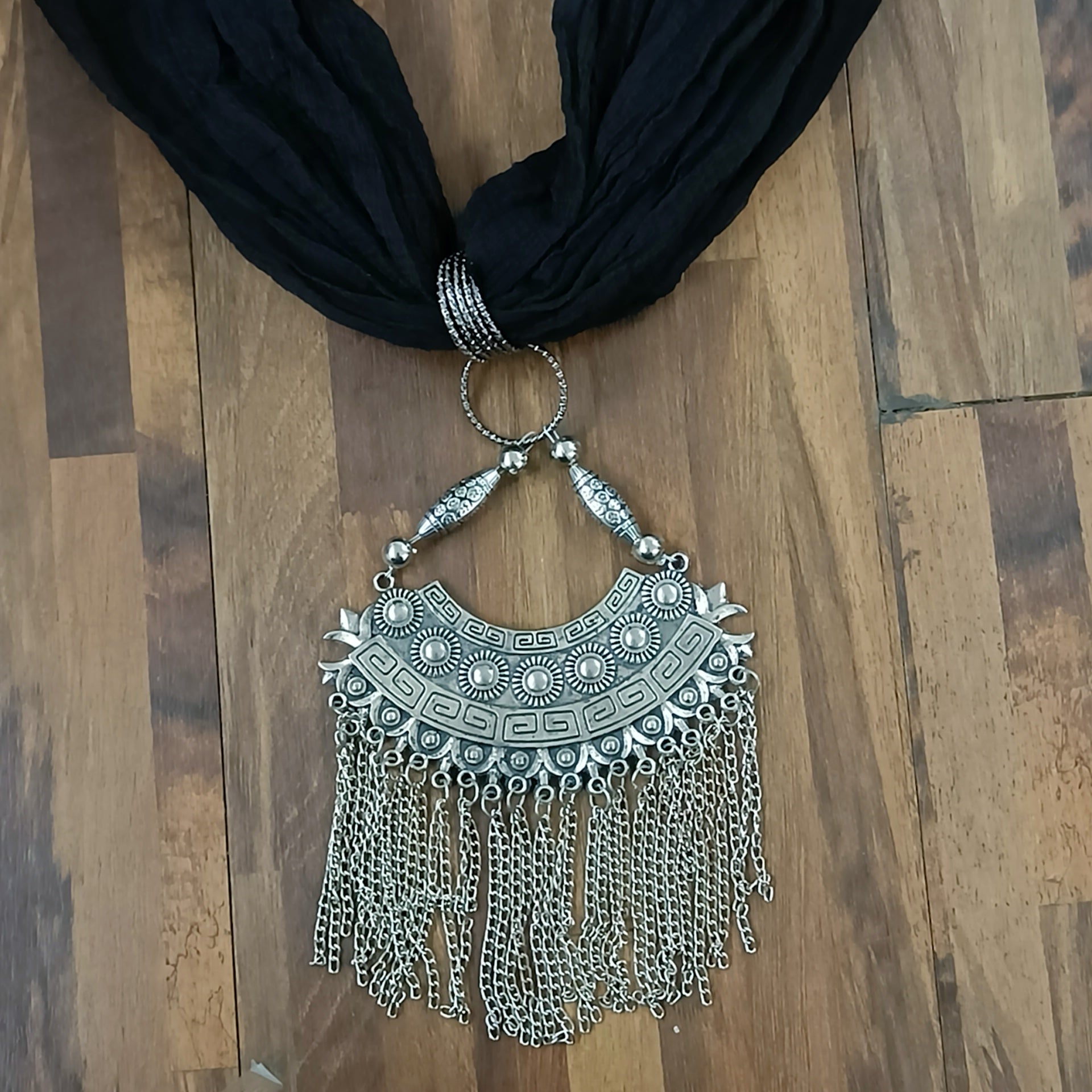 Black Georgette Scarf With Oxidized Motif