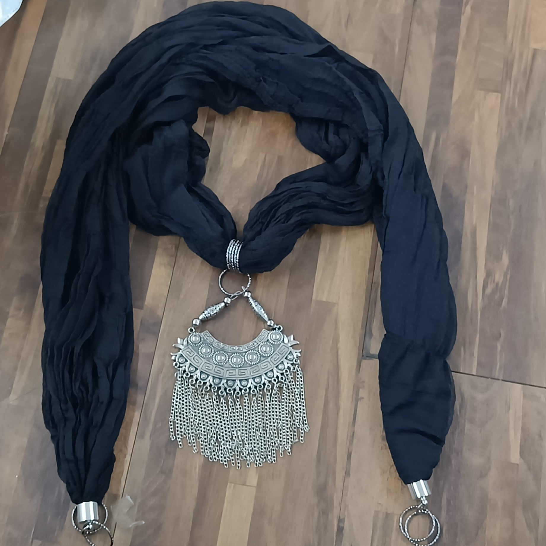Black Georgette Scarf With Oxidized Motif