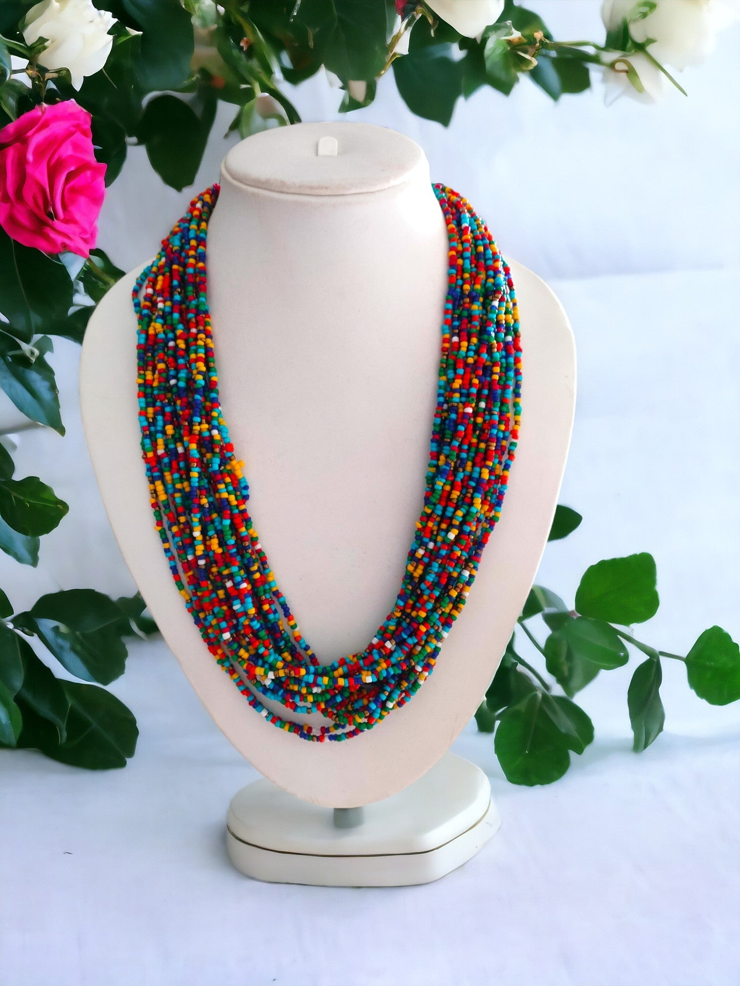 Spectrum Splendour: Handmade Multi-Layered Beaded Necklace & Earring Set (20 Layers)