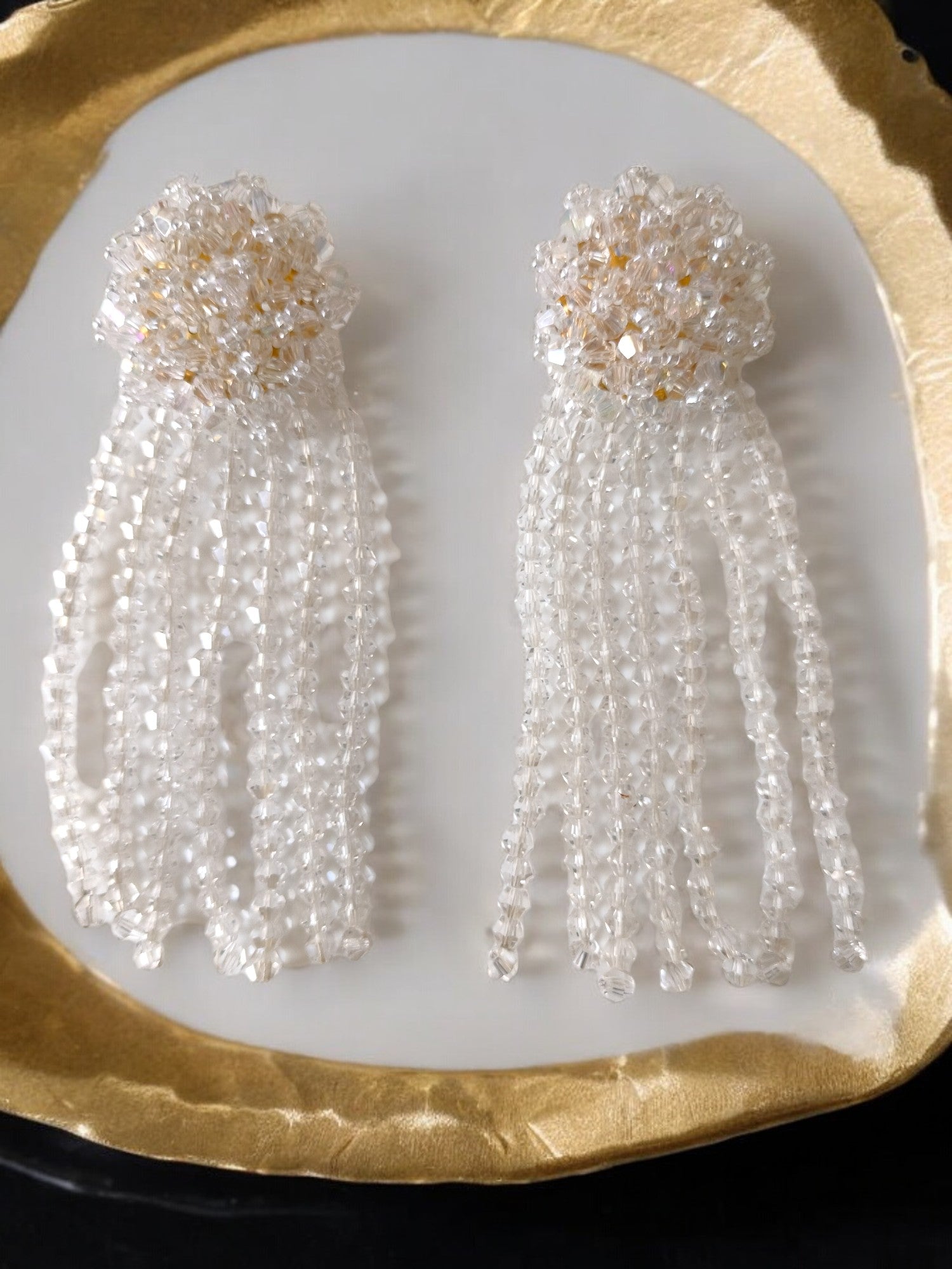 Crystal Waterfall Statement Earrings- White - Handmade