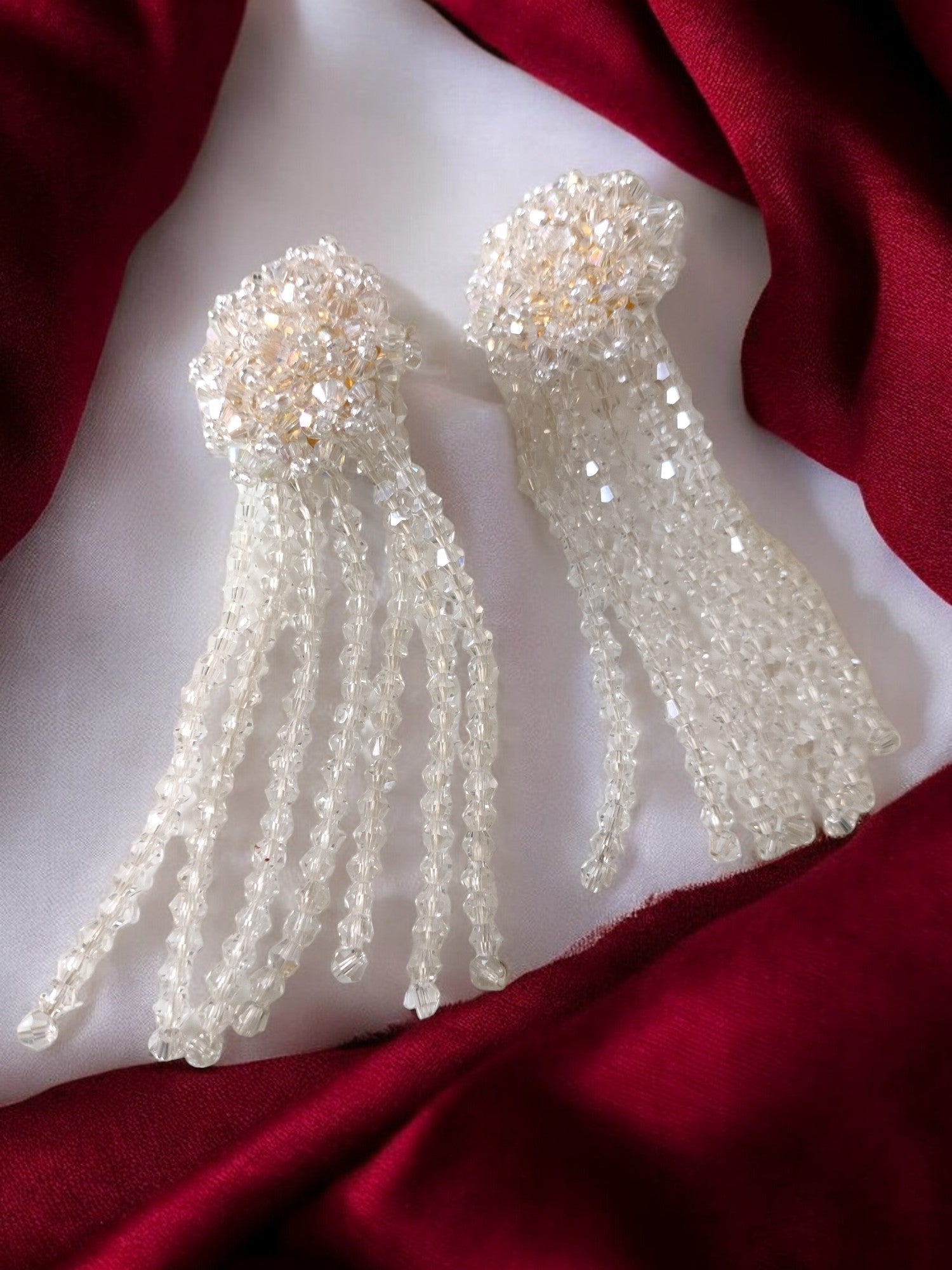 Crystal Waterfall Statement Earrings- White - Handmade
