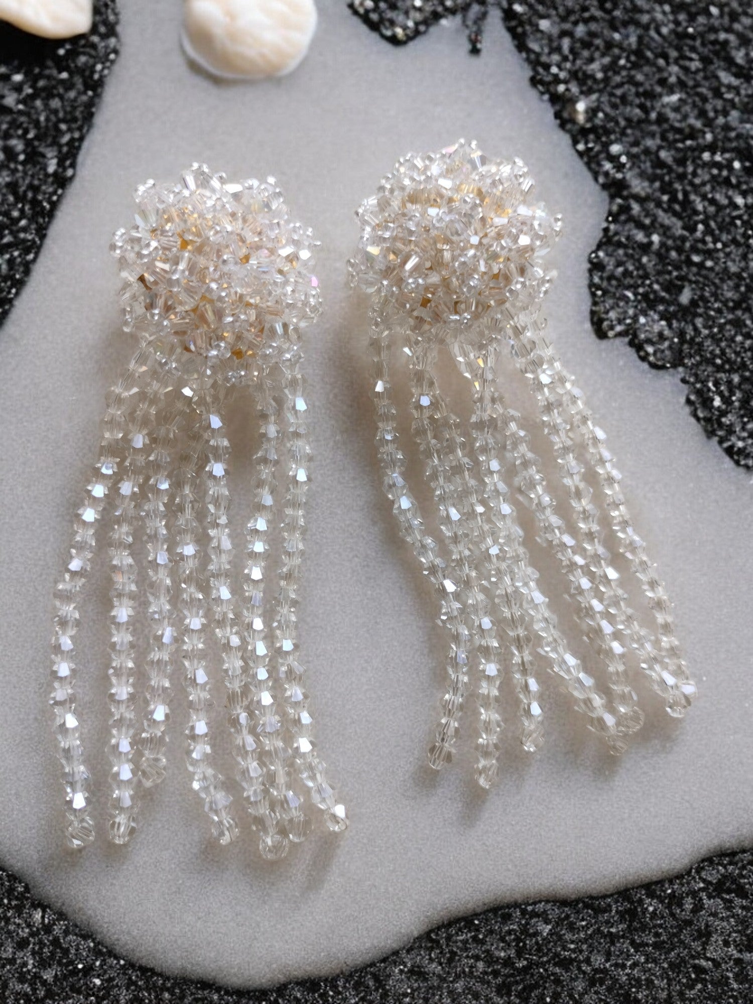 Crystal Waterfall Statement Earrings- White - Handmade