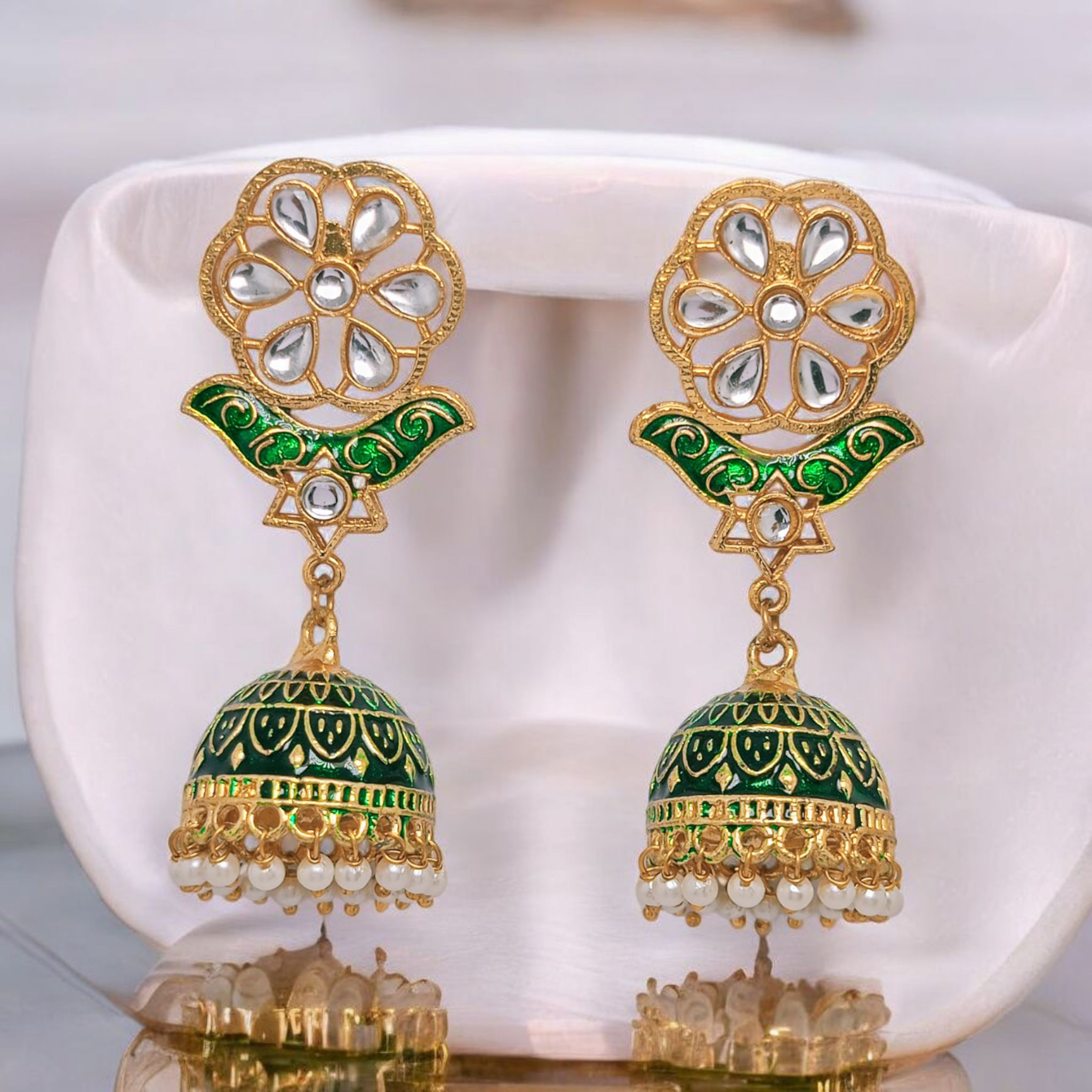 astria-jewellery-green-meenakari-kundan-jhumka-earrings-for-women-gold-plated-floral-ethnic-earrings-with-pearl-drops-traditional-festive-jewellery