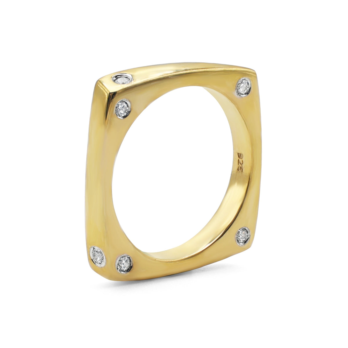 Bold Geometric Ring with Flush-Set Cubic Zirconia in Gold Finish 925 Sterling Silver