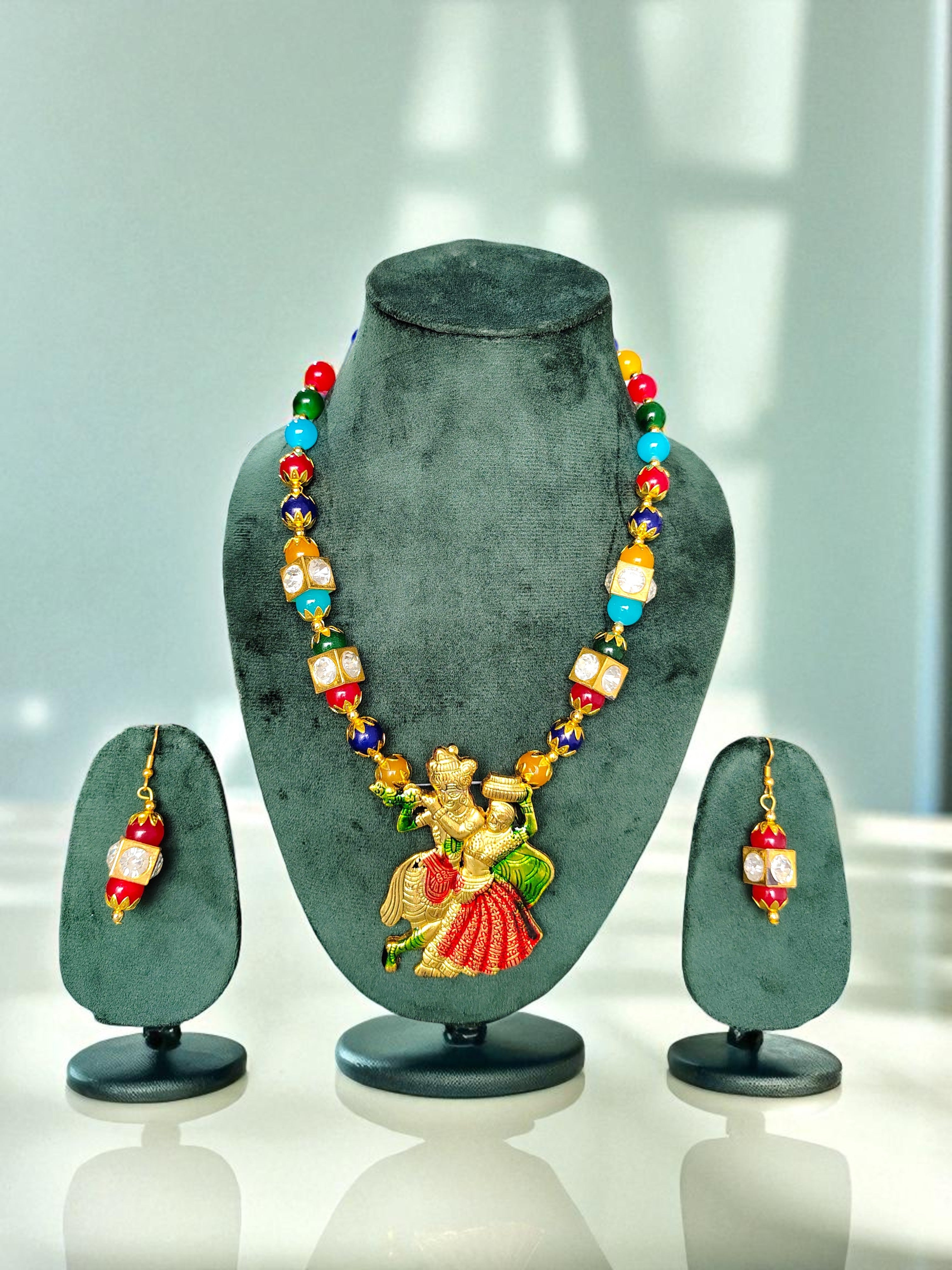 Dancing Radha Krishna Crystal Multicolor Necklace Set | Adjustable | Statement Divine Jewellery