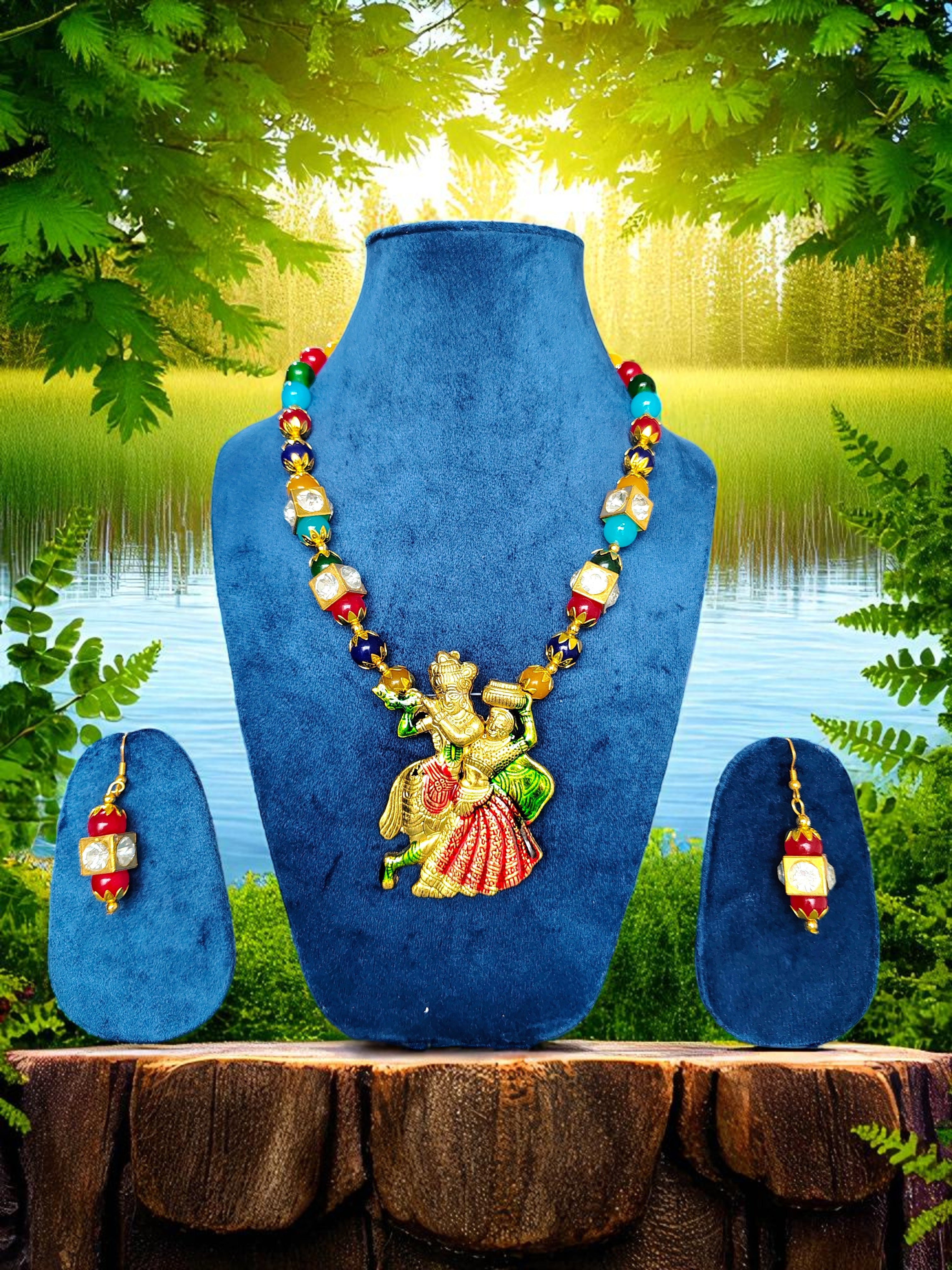 Dancing Radha Krishna Crystal Multicolor Necklace Set | Adjustable | Statement Divine Jewellery