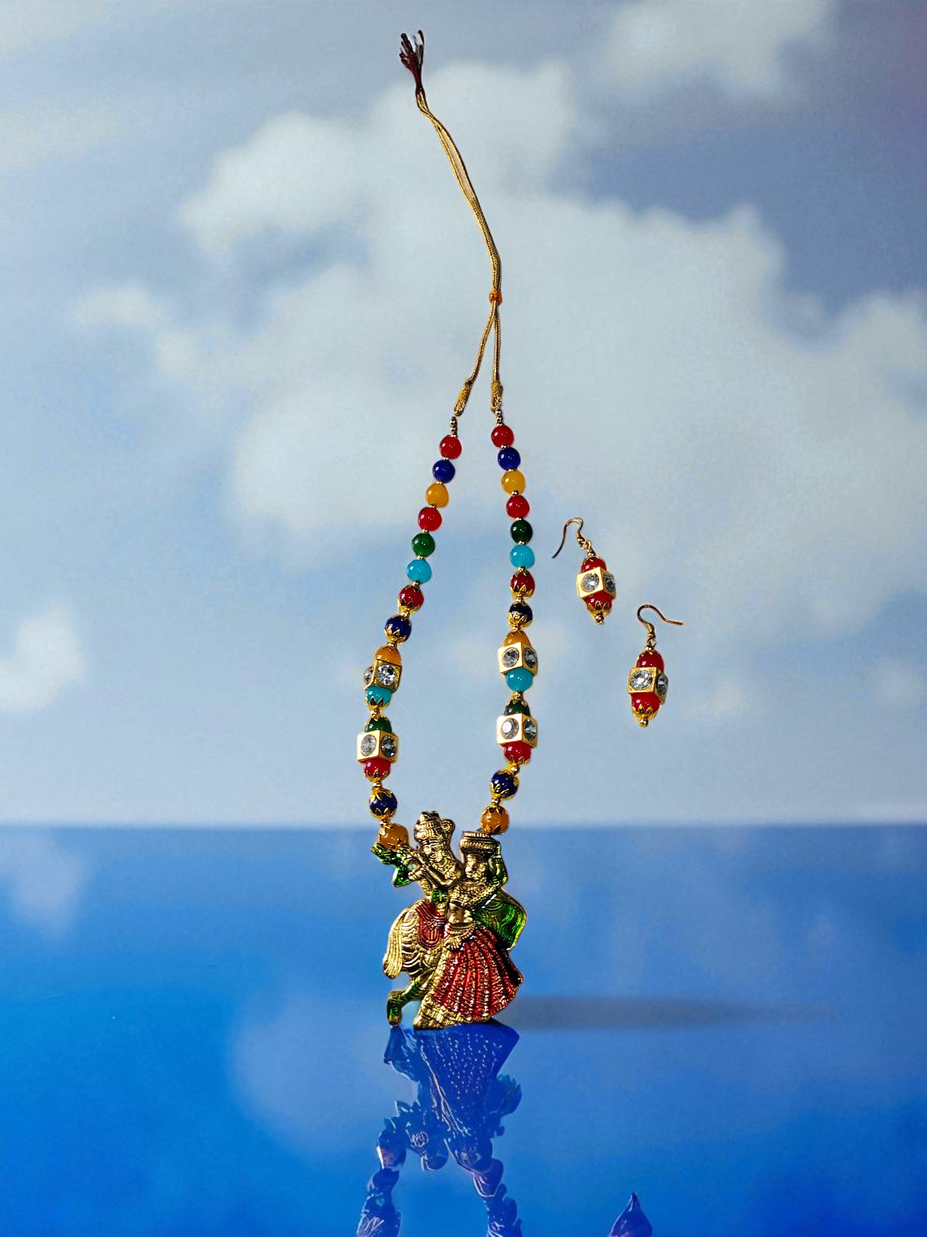 Dancing Radha Krishna Crystal Multicolor Necklace Set | Adjustable | Statement Divine Jewellery