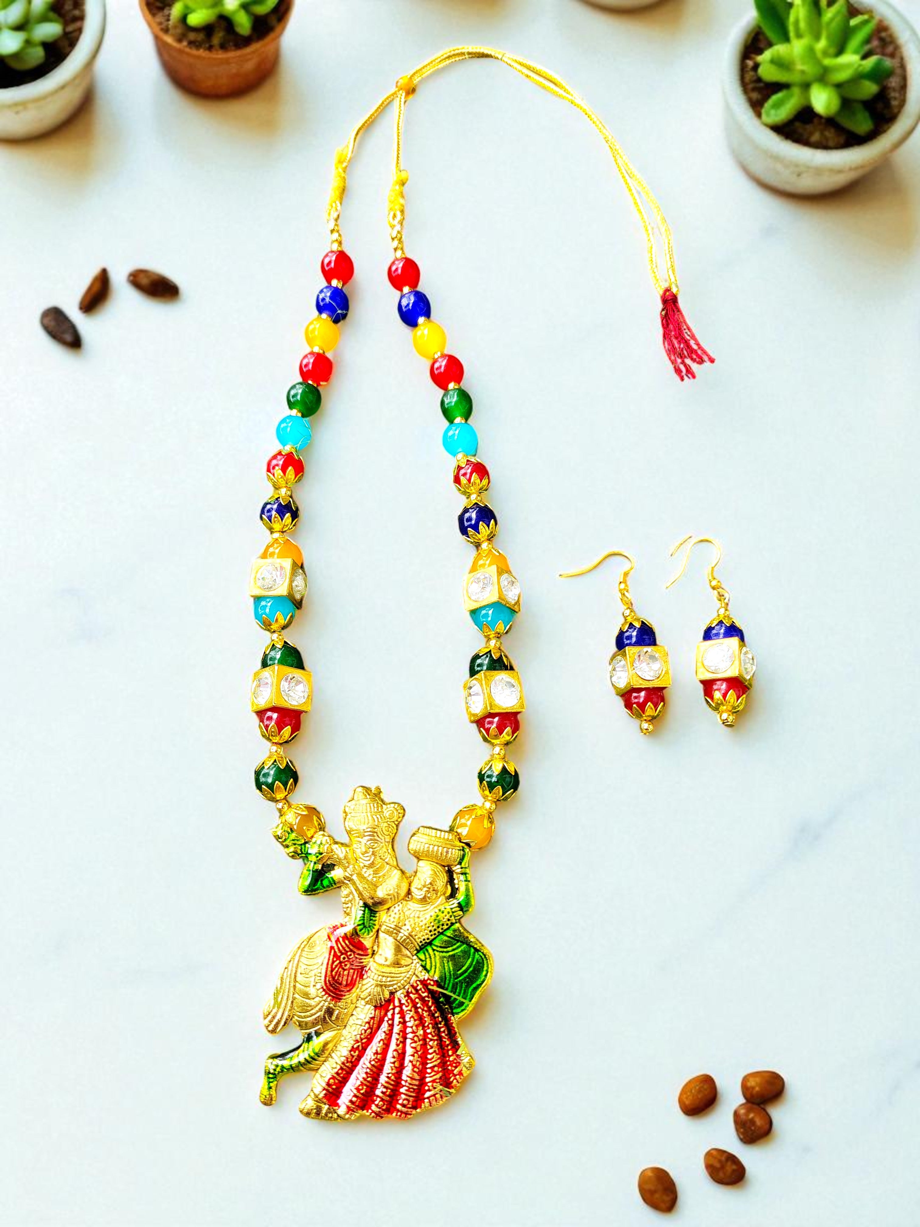 Dancing Radha Krishna Crystal Multicolor Necklace Set | Adjustable | Statement Divine Jewellery