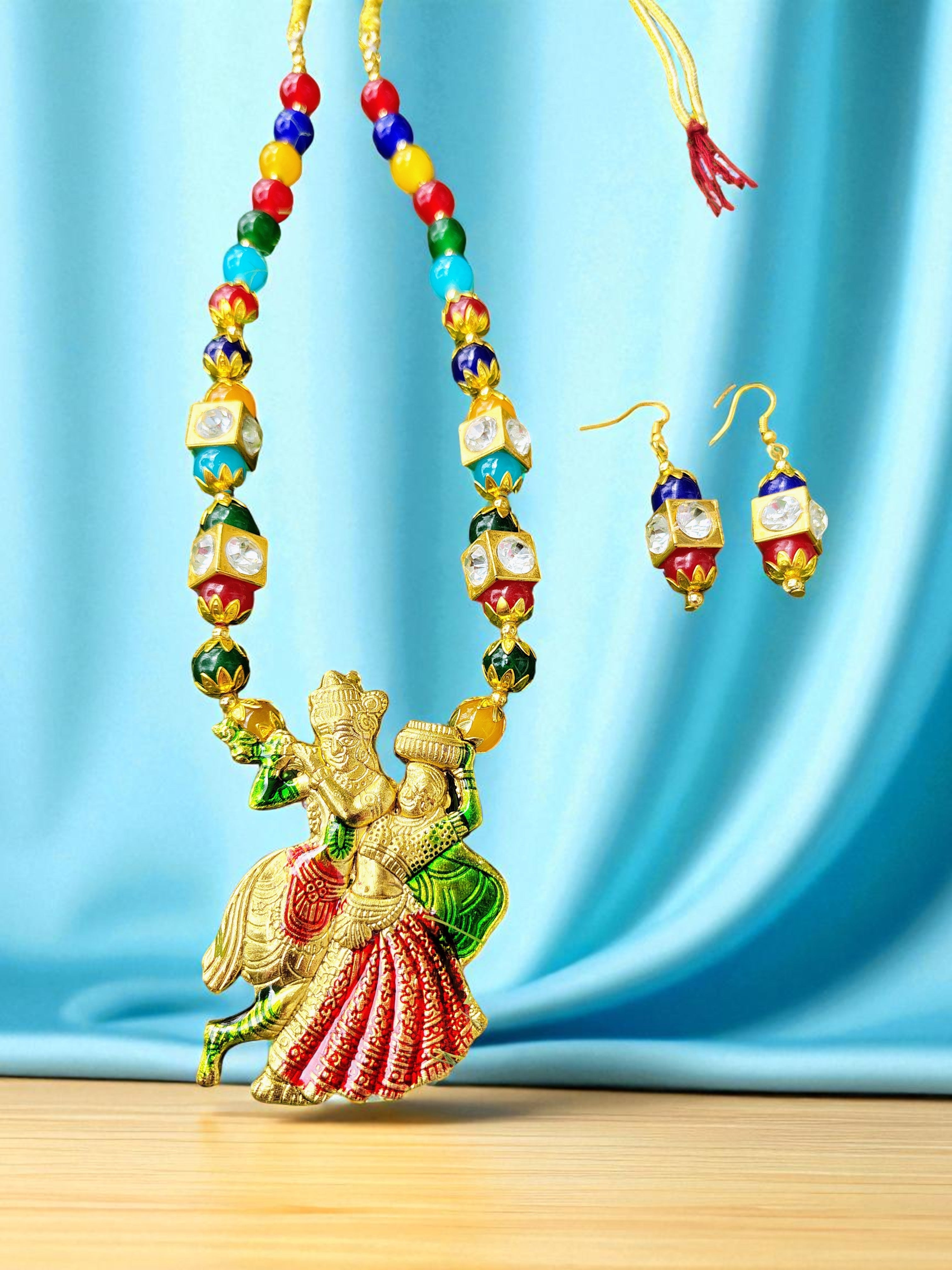 Dancing Radha Krishna Crystal Multicolor Necklace Set | Adjustable | Statement Divine Jewellery
