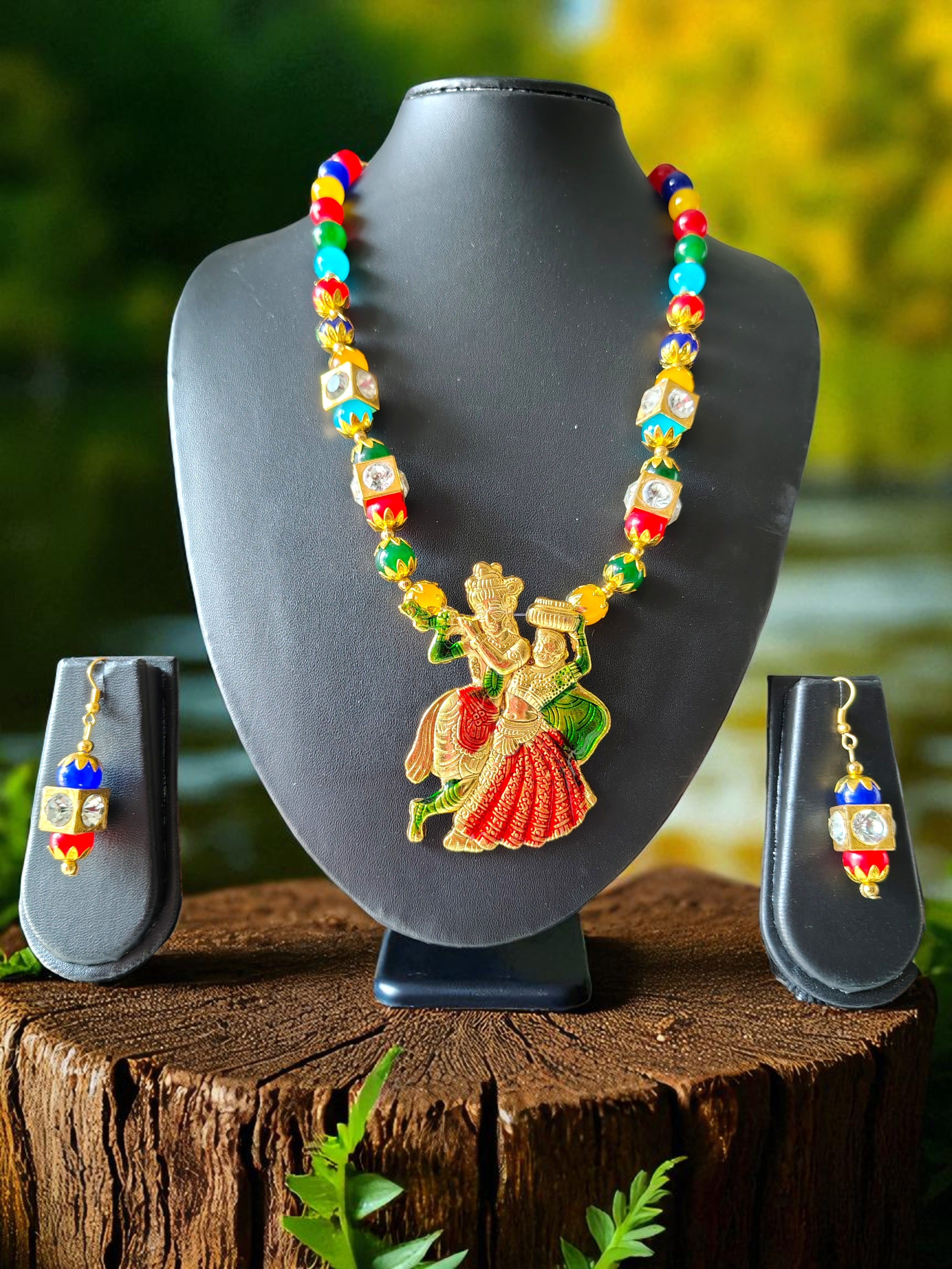 Dancing Radha Krishna Crystal Multicolor Necklace Set | Adjustable | Statement Divine Jewellery