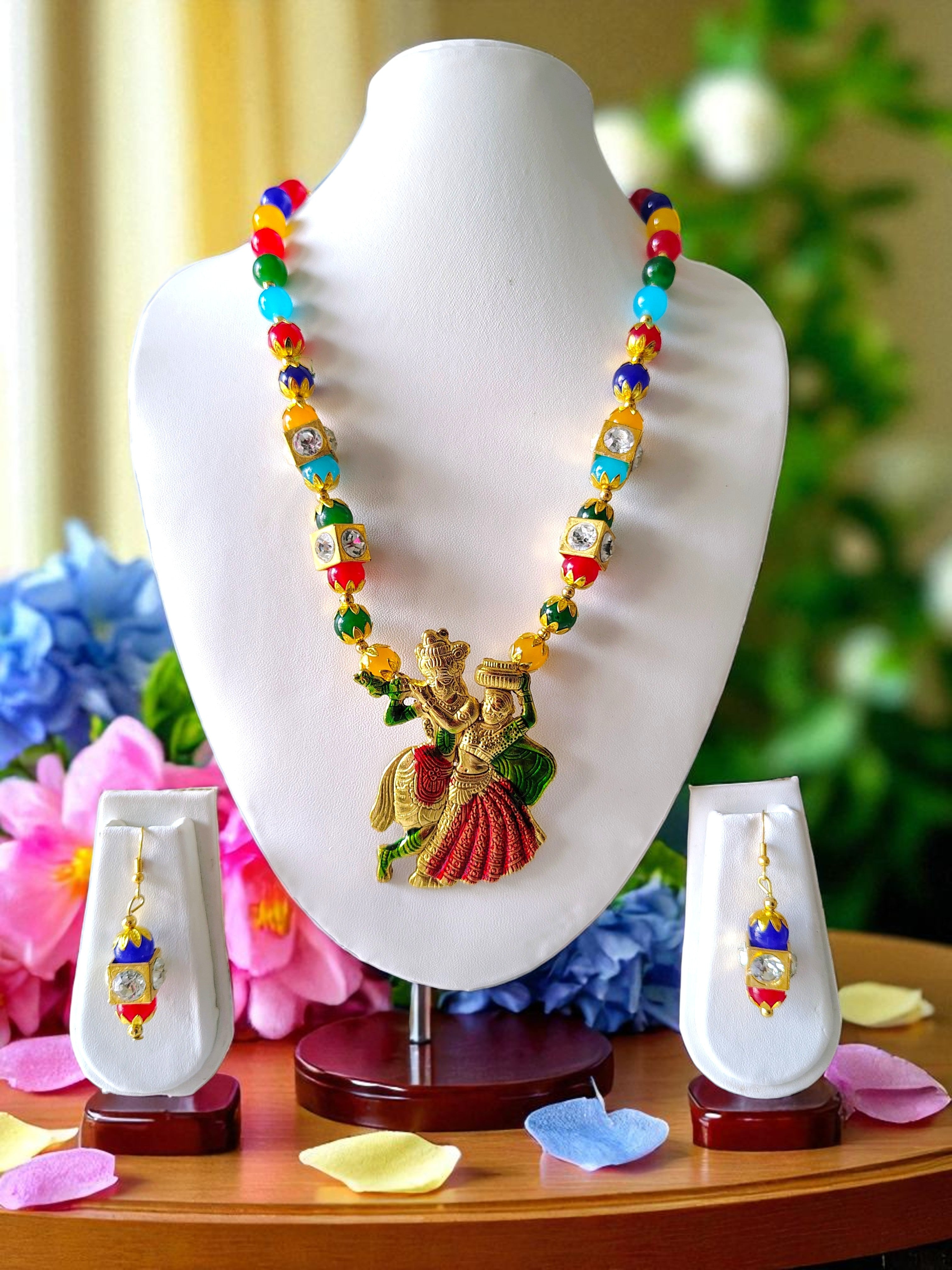 Dancing Radha Krishna Crystal Multicolor Necklace Set | Adjustable | Statement Divine Jewellery