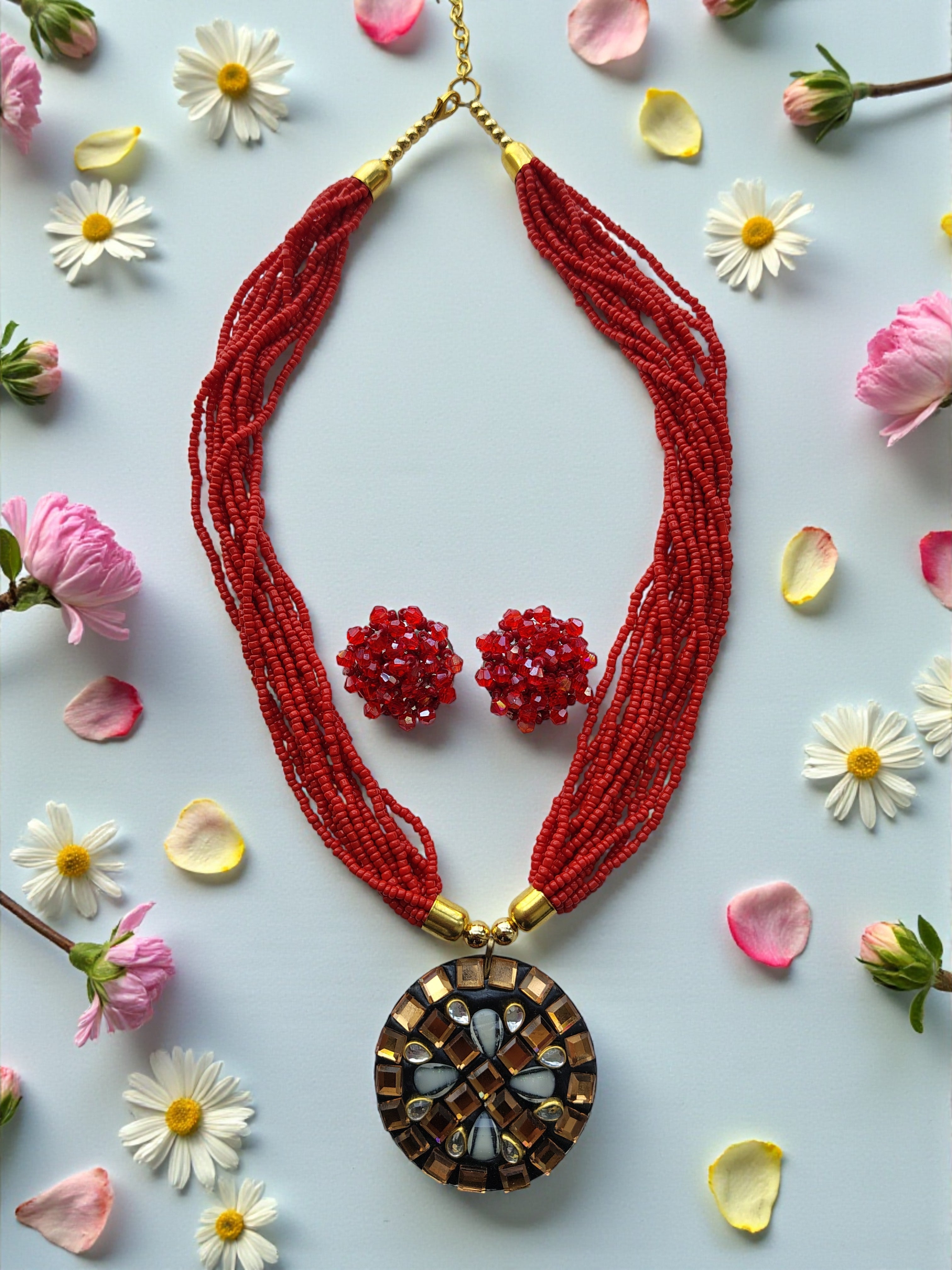 Occasion Wear Multi-Strand Mosaic Necklace Set- 9 Colours Available