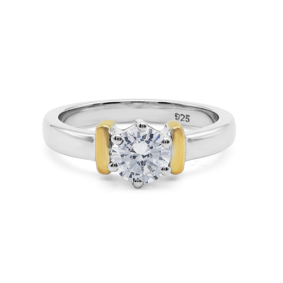 Classic Two-Tone Solitaire Ring with Round Brilliant Cubic Zirconia in 925 Sterling Silver