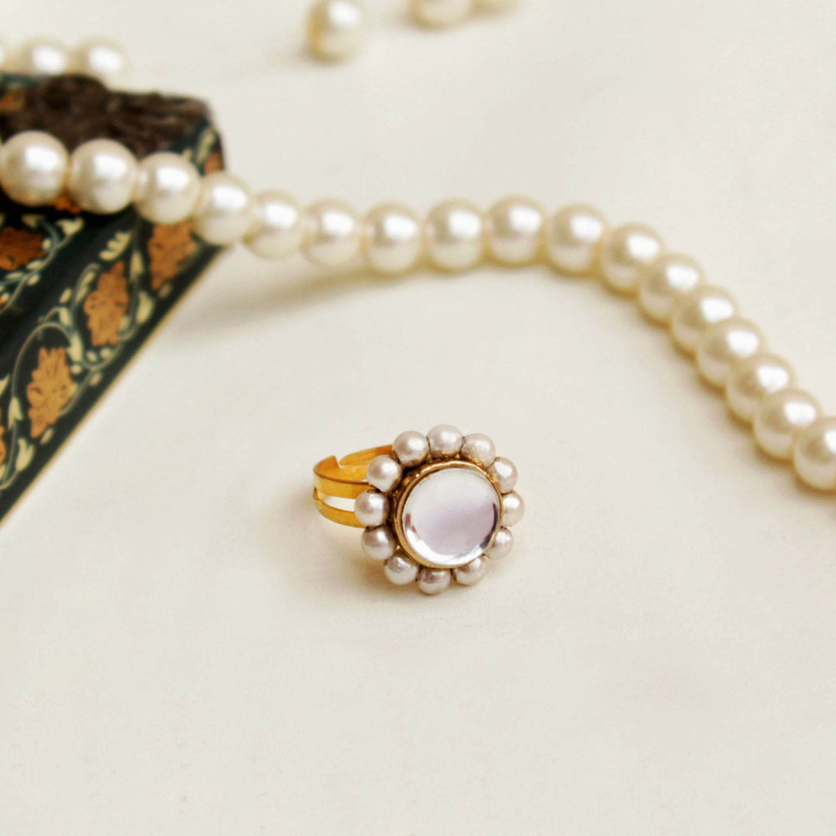 Beabhika Adjustable Kundan Ring Bridal Ring Golden Adjsutable Ring Handmade Traditional Pearl Ring Statement Cocktail Ring Daily Wear Party Wear Jewelry  Bridal Jewelry Set Online Cash On Delivery
