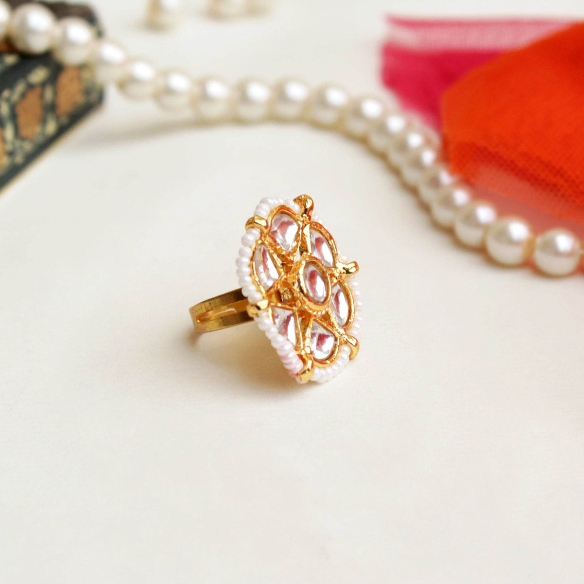 glass kundan stud faux pearls adjustable ring