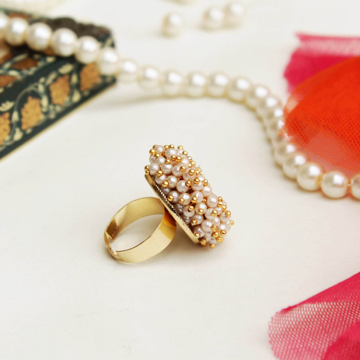 white glass kundan white pearls adjustable ring 