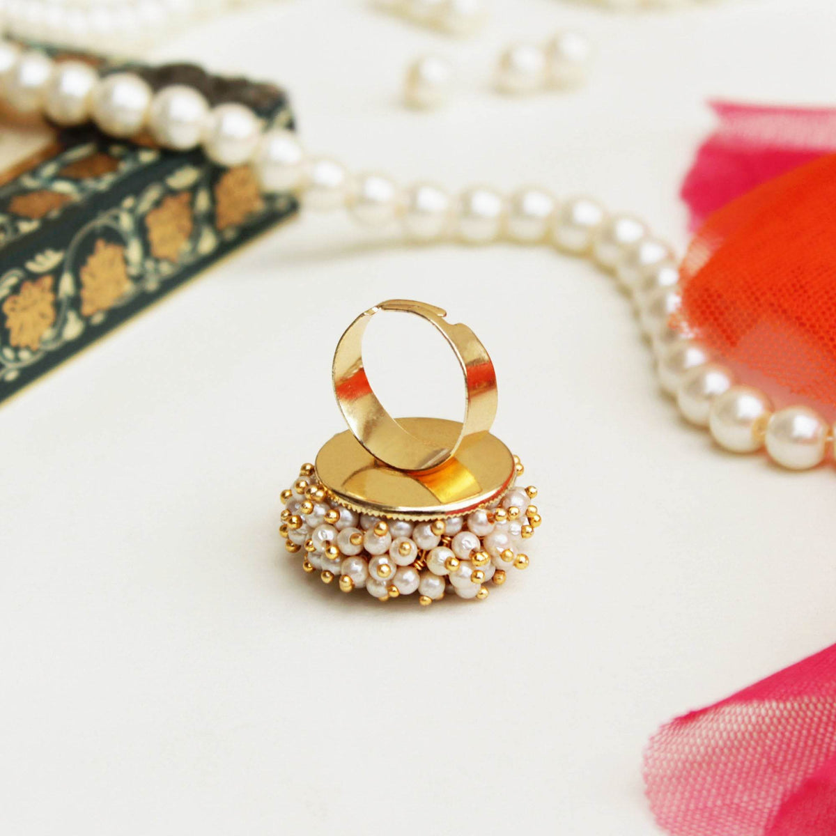 white glass kundan white pearls adjustable ring 