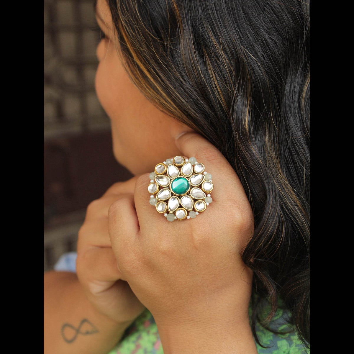green glass kundan fuax pearl adjustable ring