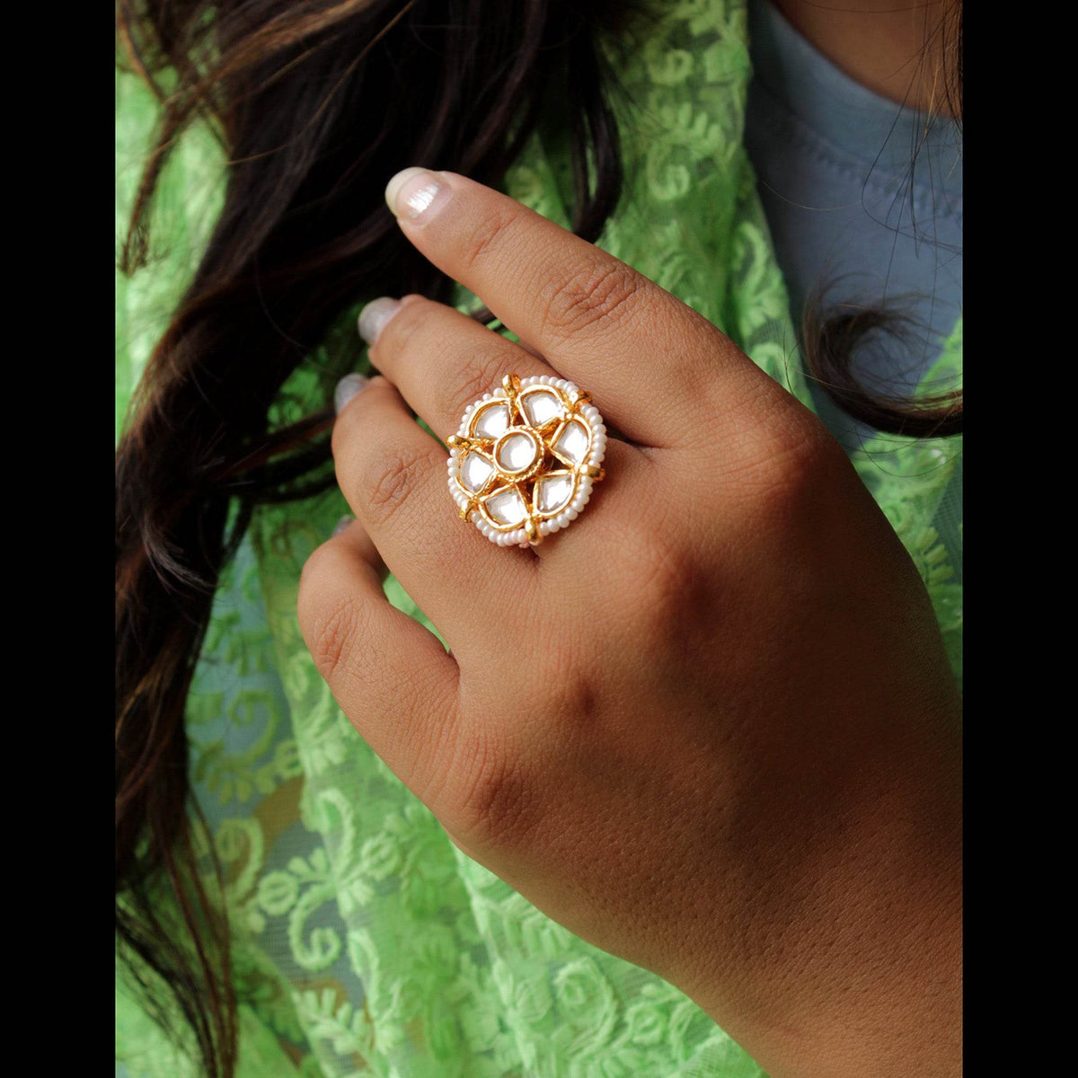 glass kundan stud faux pearls adjustable ring