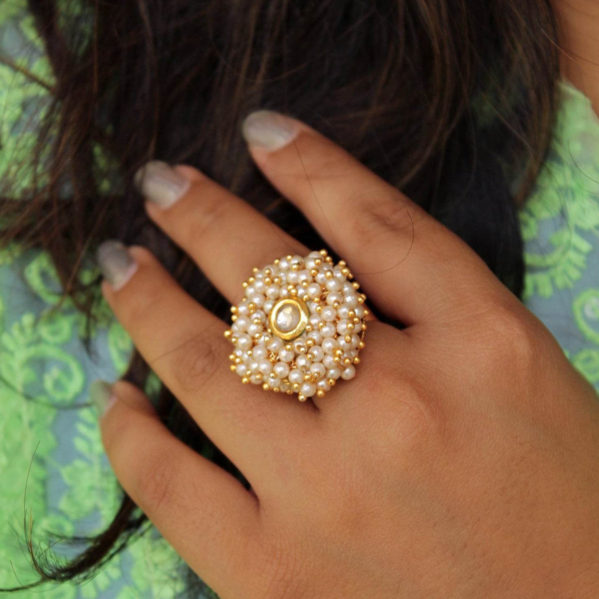 white glass kundan white pearls adjustable ring 
