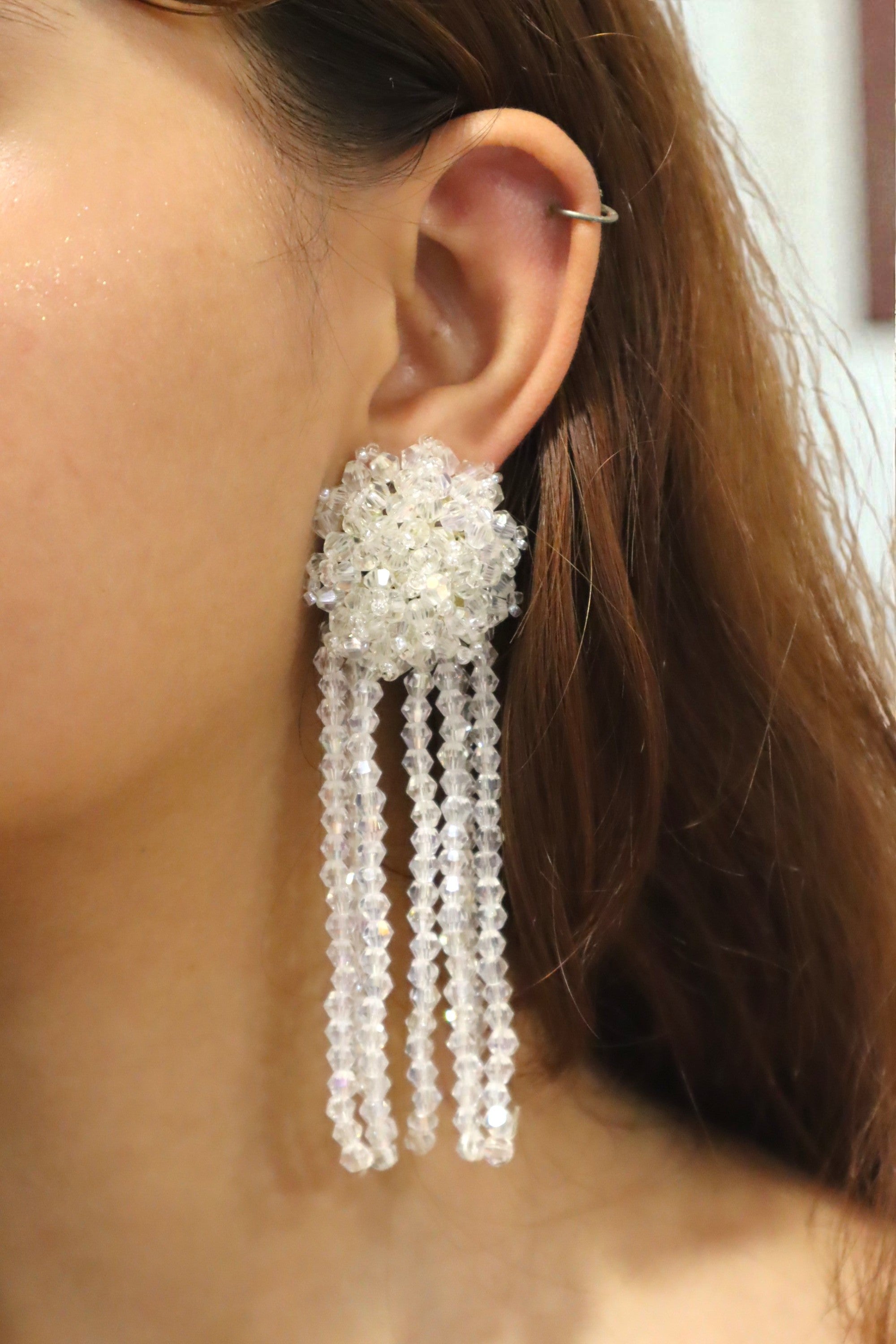 Crystal Waterfall Statement Earrings- White - Handmade