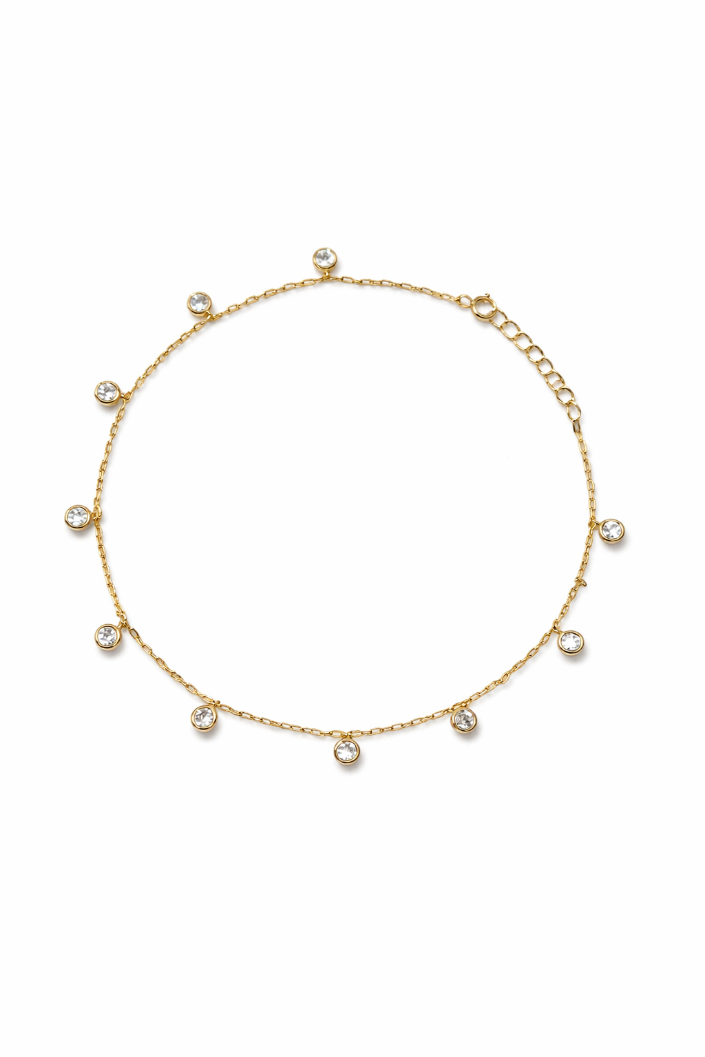 925 Sterling Silver Gold Plated Dainty Charm Anklet with 10 Mini Crystal Drops