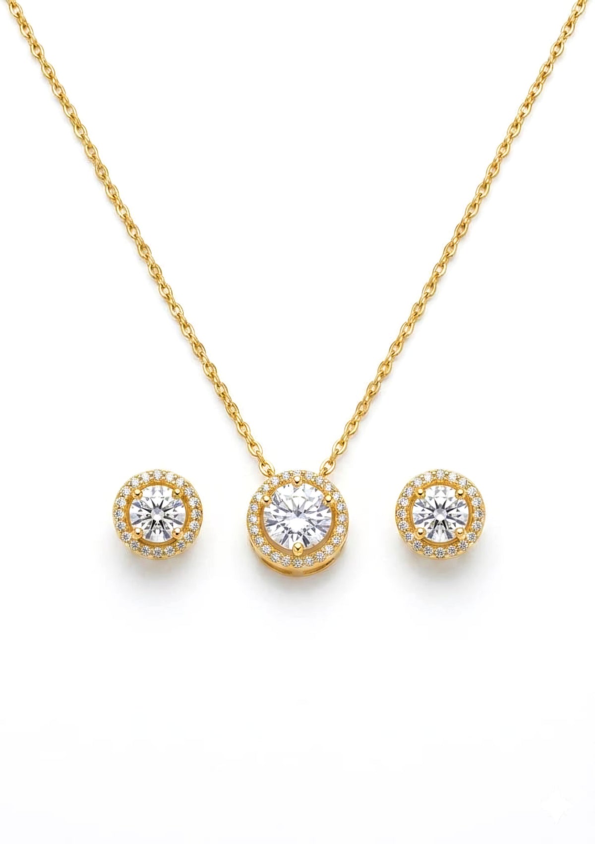 925 Sterling Silver Gold Plated Round Micro-Pave Halo Jewelry set