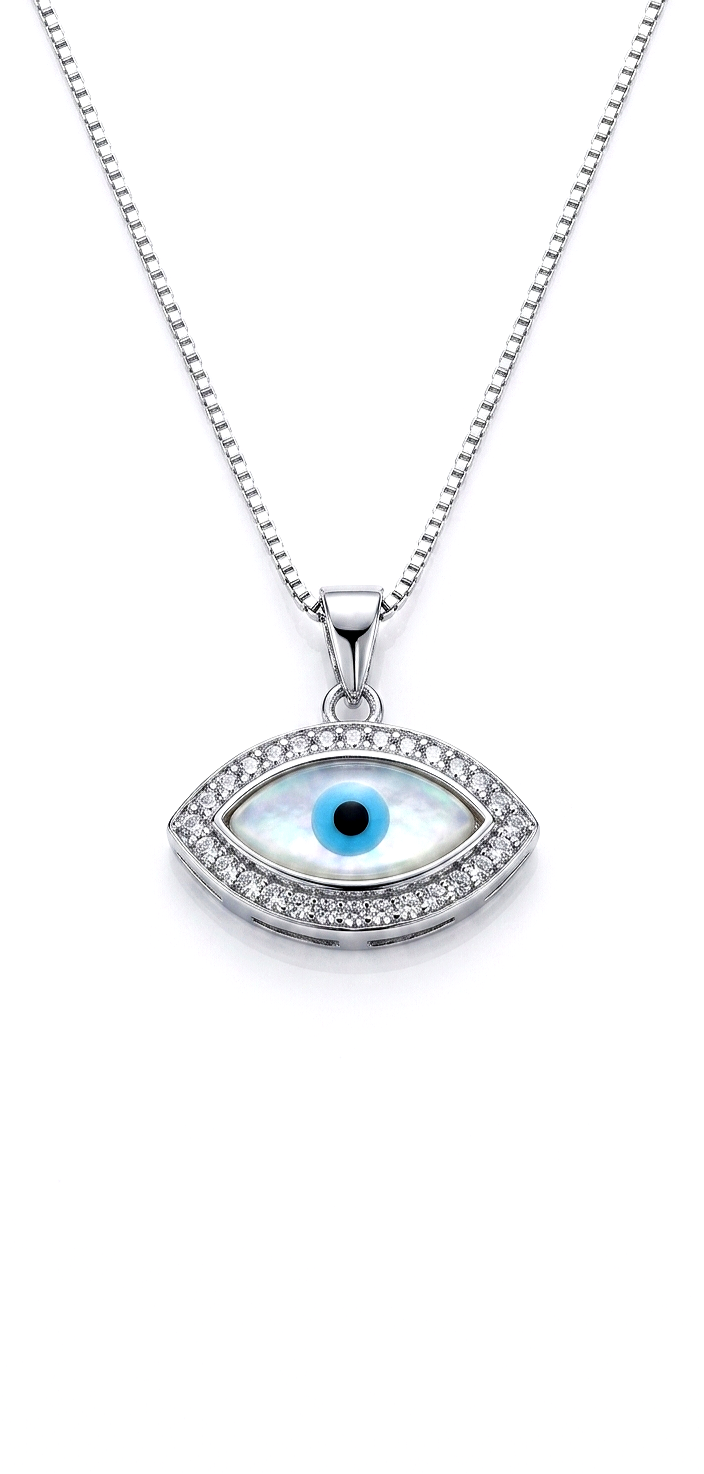925 Sterling Silver Rhodium Plated Marquise-Shape Evil Eye Pendant with Sleek Box Chain
