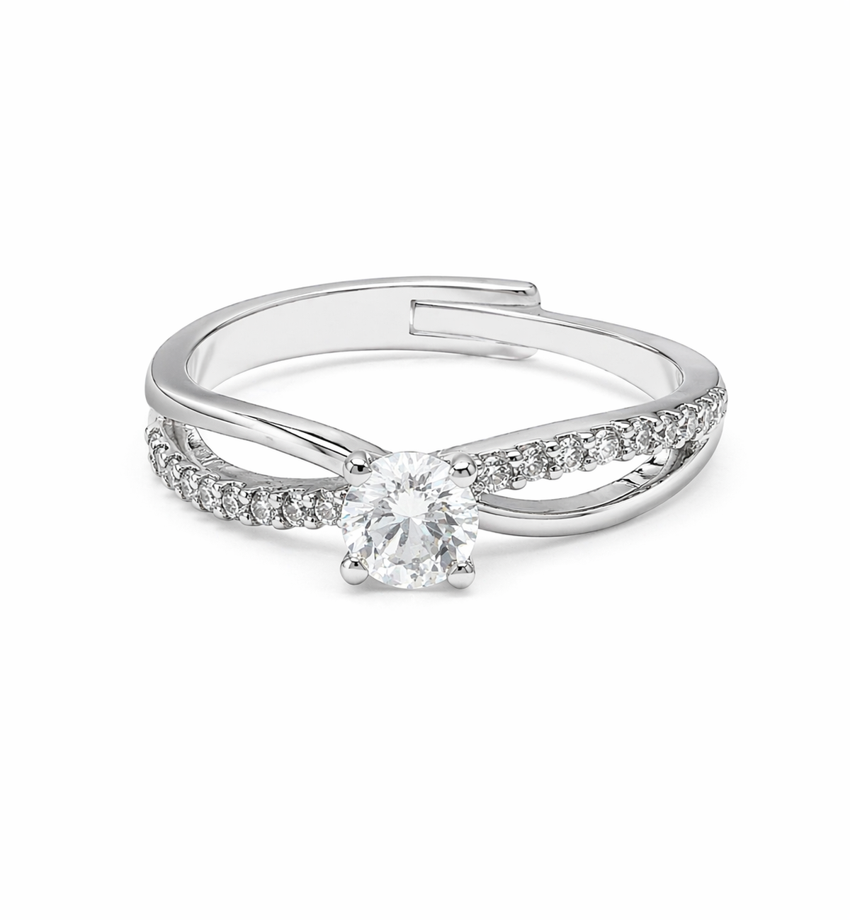 925 Sterling Silver Rhodium Plated Round Brilliant-Cut Split Shank Solitaire Ring