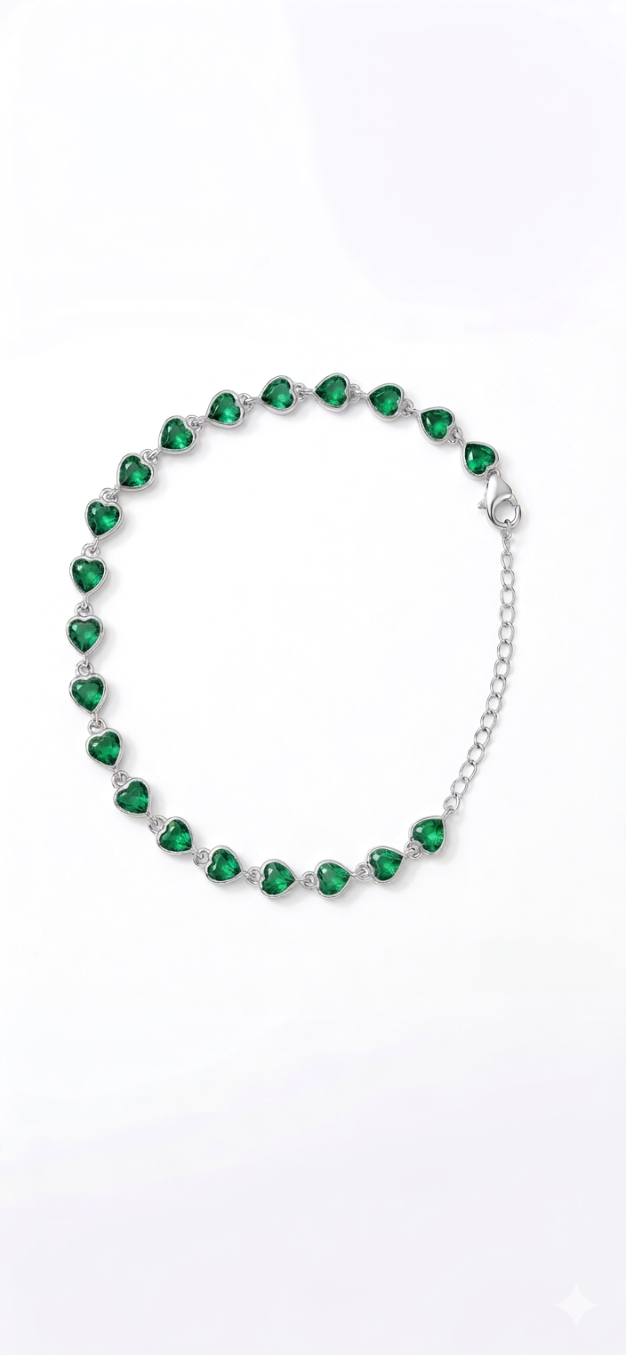 925 Sterling Silver Rhodium Plated Green Heart CZ Bracelet