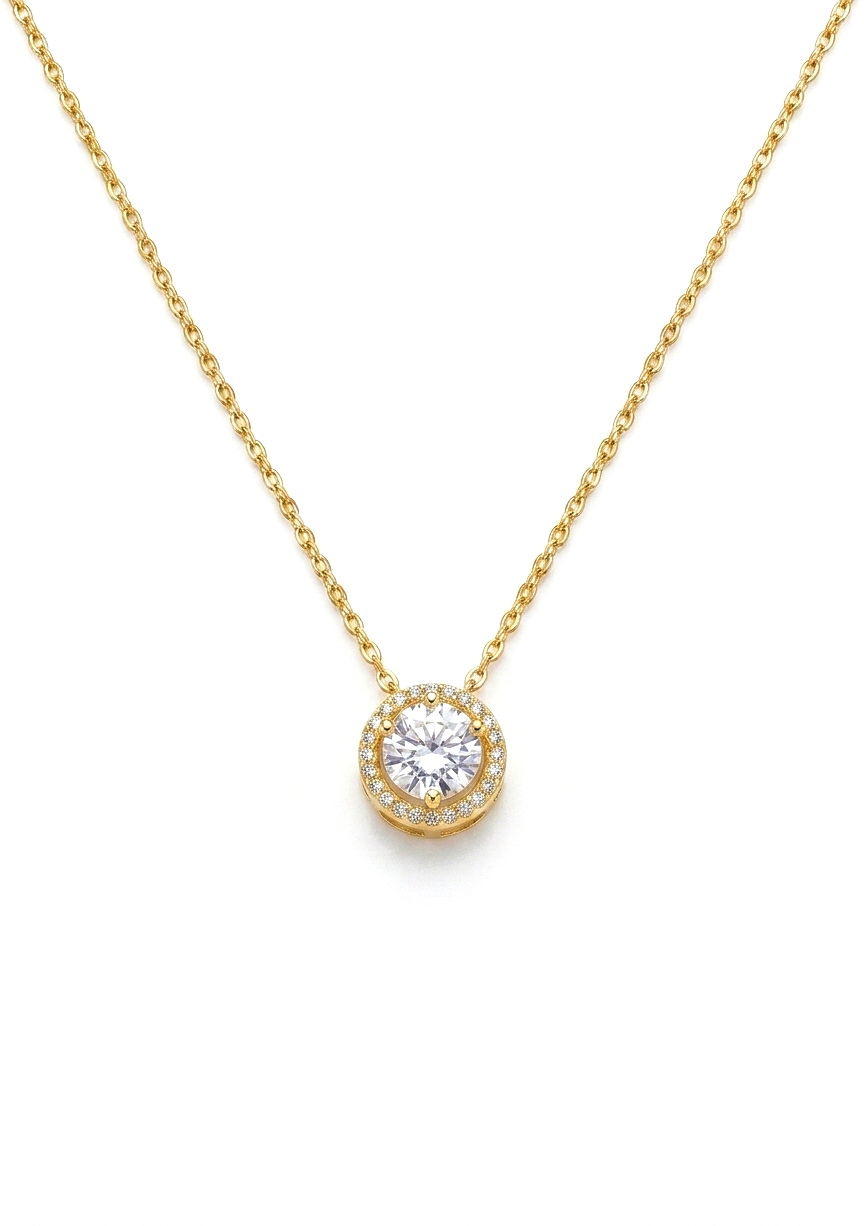 925 Sterling Silver Gold Plated Round Micro-Pave Halo Solitaire Pendant Necklace
