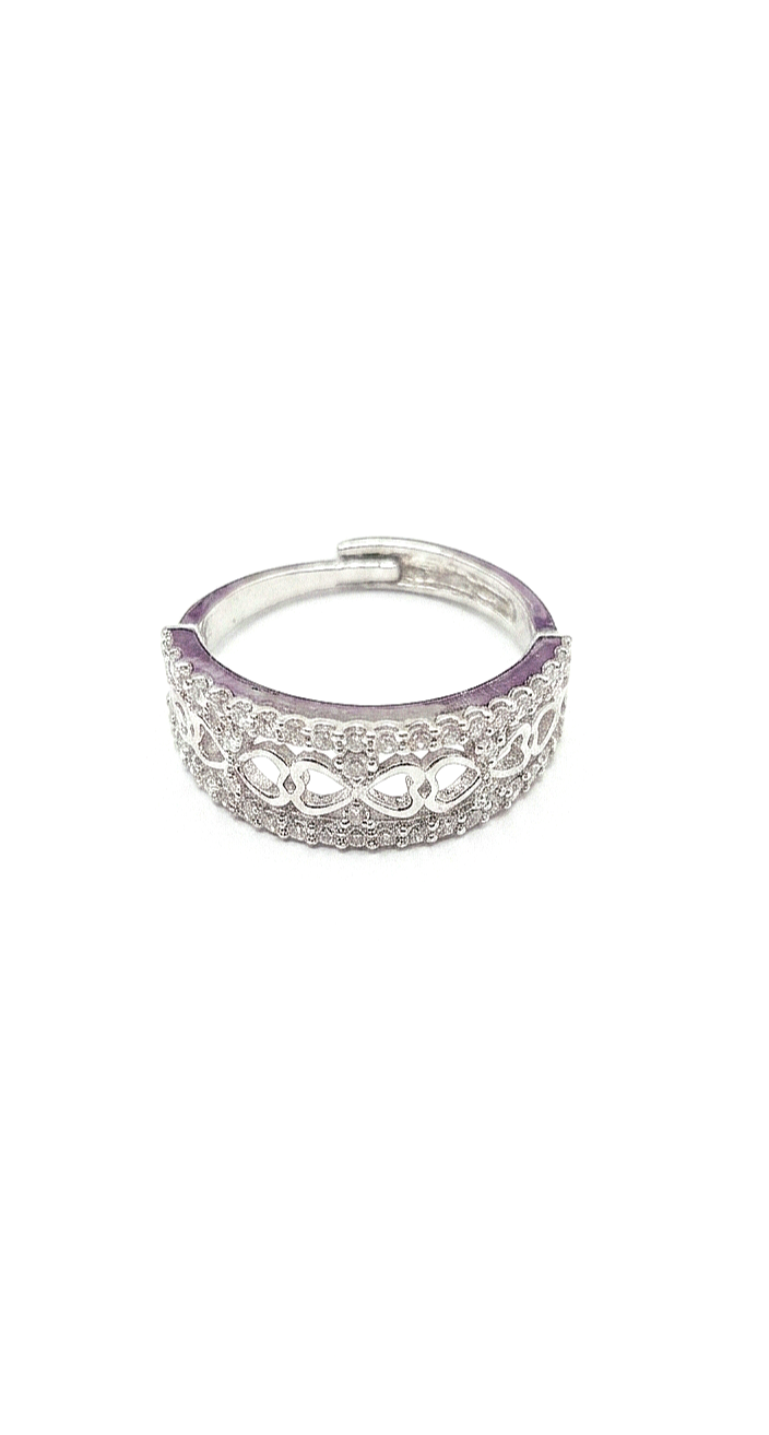 925 Sterling Silver Rhodium Plated Heart Motif Adjustable Pave Band Ring