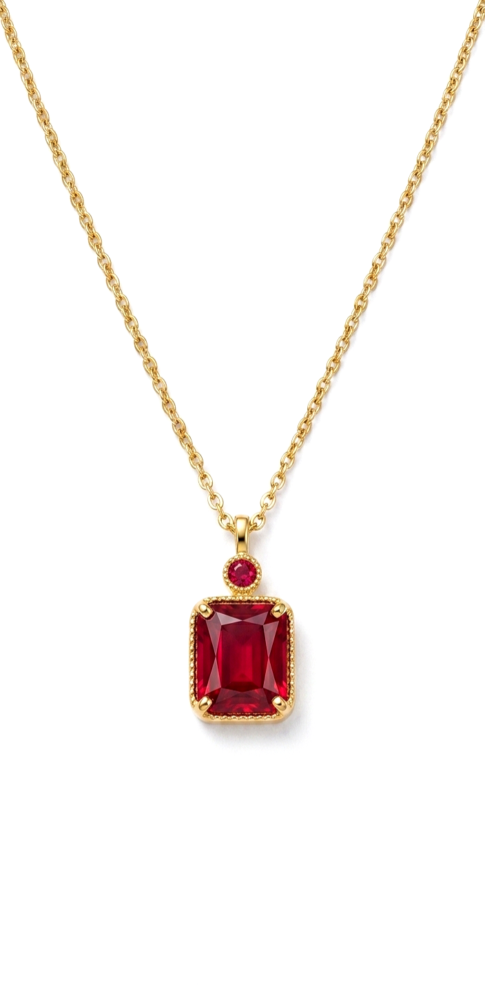 925 Sterling Silver Gold Plated Emerald-Cut Ruby Red Solitaire Pendant with Elegant Link Chain