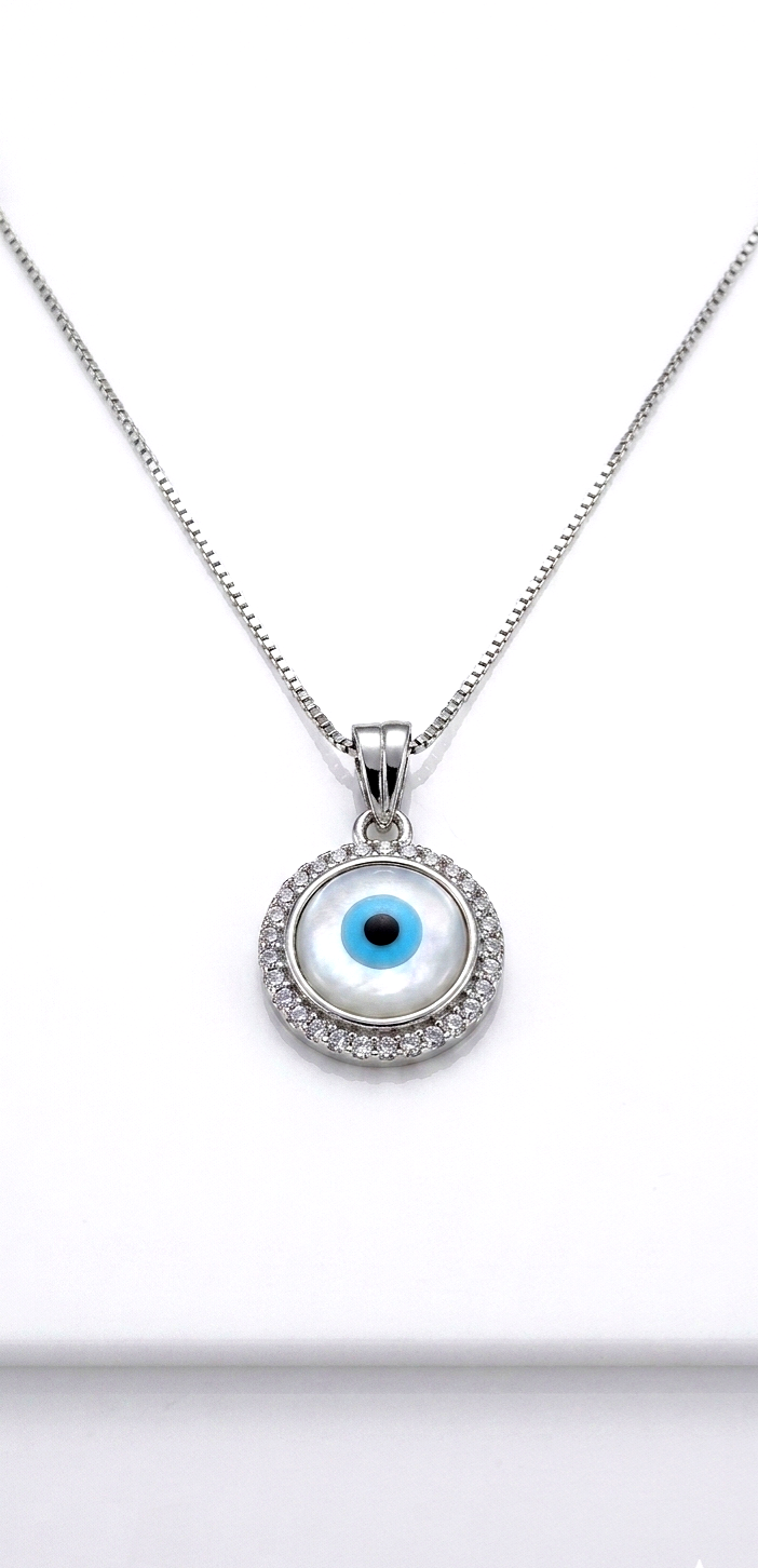 925 Sterling Silver Rhodium Plated Circular Evil Eye Protection Pendant with Box Chain