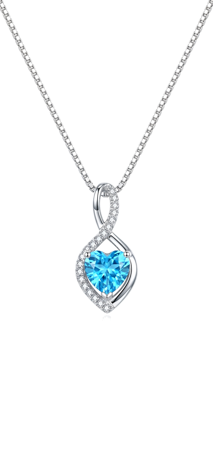 925 Sterling Silver Rhodium Plated Blue Heart Crystal Pendant with Sleek Box Chain