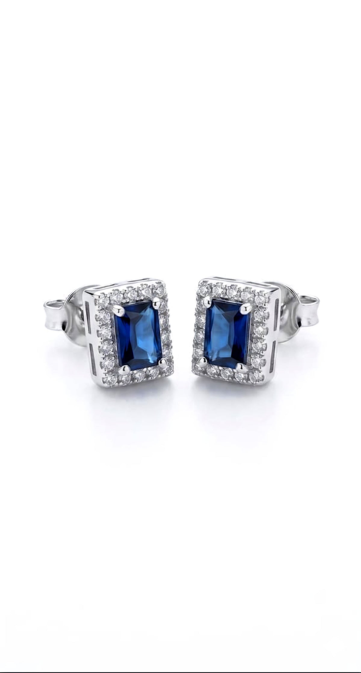 925 Sterling Silver Rhodium Plated Emerald-Cut Blue Sapphire & Halo Zirconia Stud Earrings