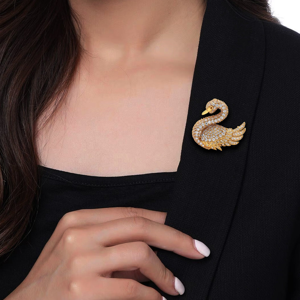 925 Silver Yellow Gold Plated Duck Shaped Cubic Zirconias Brooch
