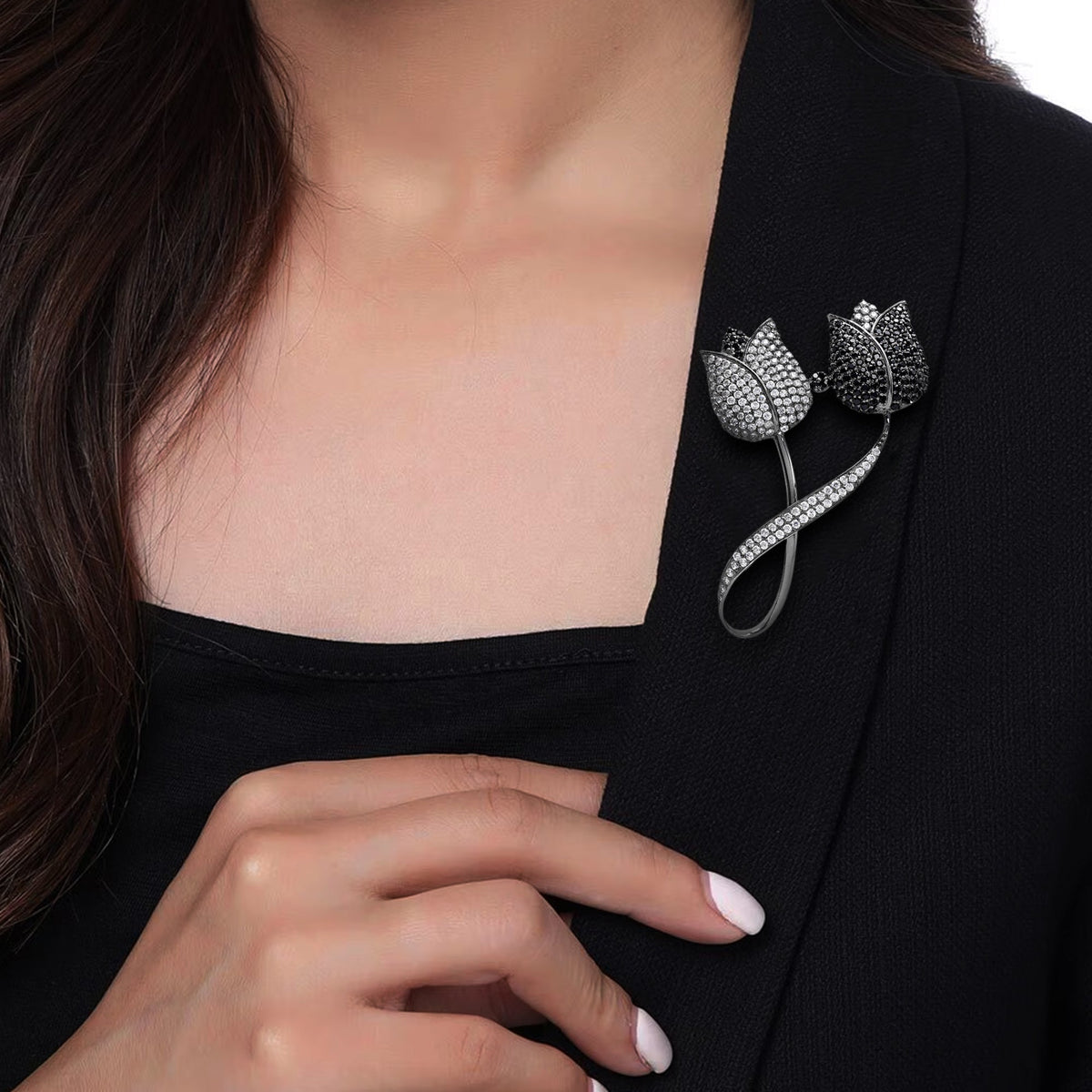 925 Silver Black Spinel & Cubic Zirconia Floral Brooch