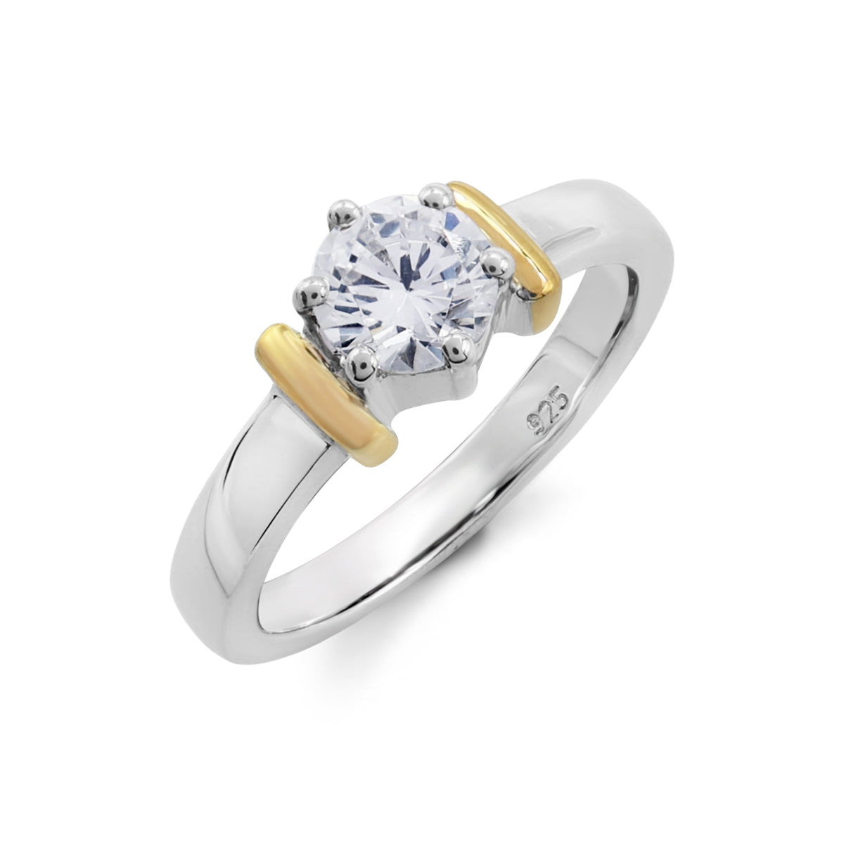 Classic Two-Tone Solitaire Ring with Round Brilliant Cubic Zirconia in 925 Sterling Silver