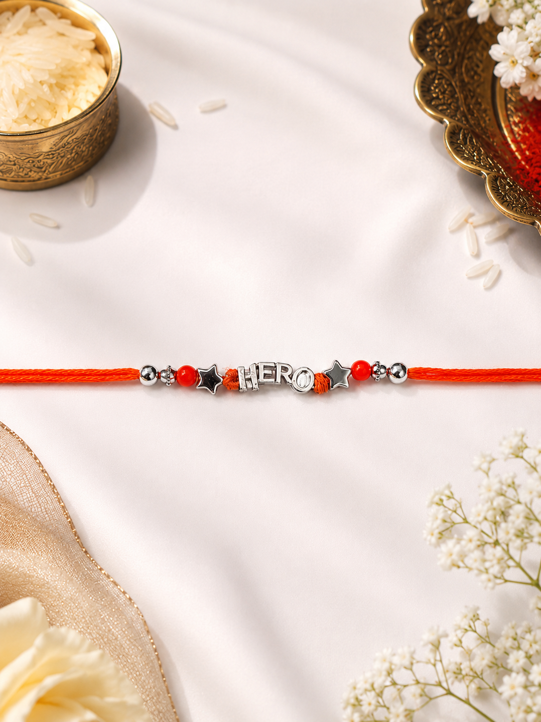 925 Silver Hero Rakhi, Orange Thread | House of Diana