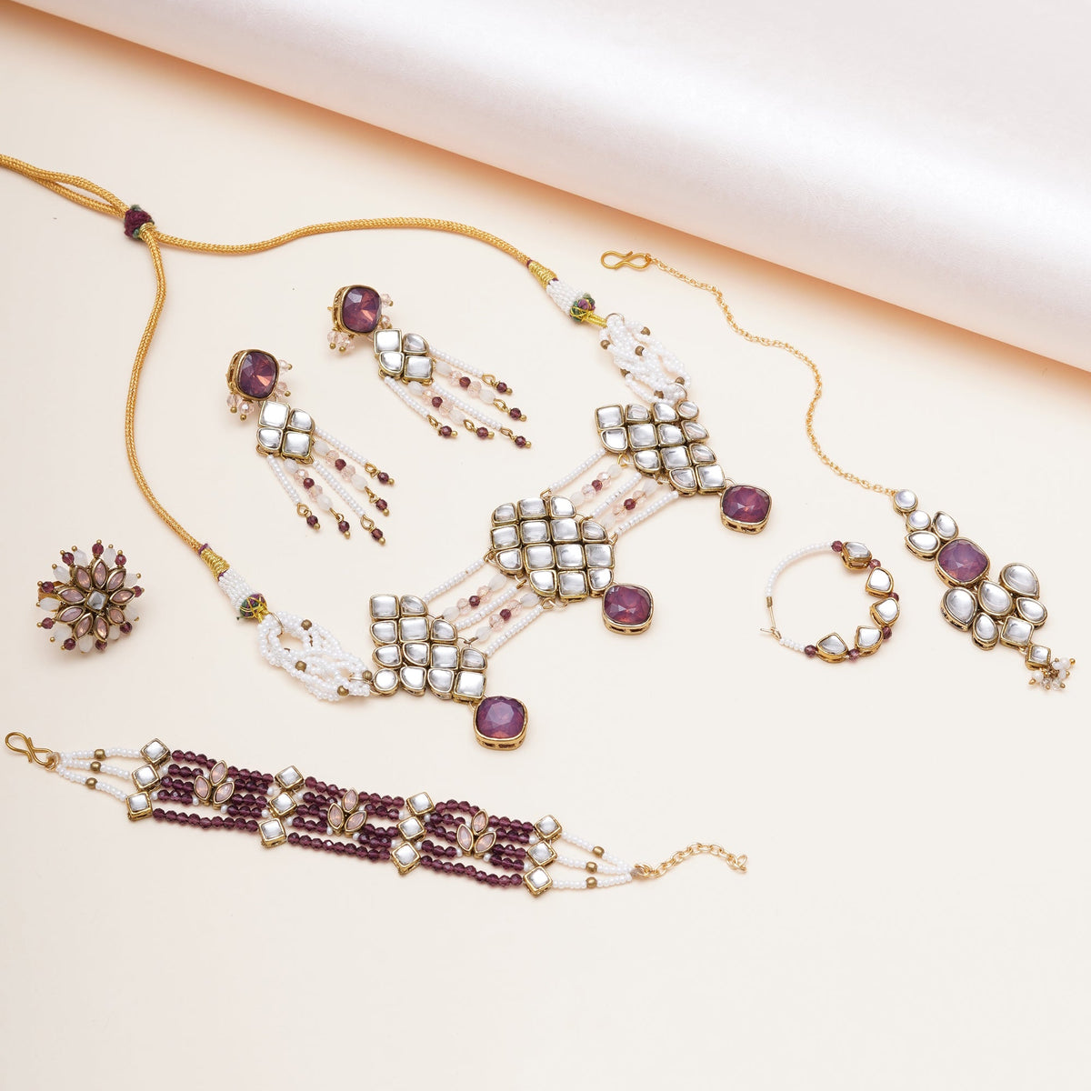 Purple Kundan paradise choker set With Matching Earrings, Ring, Nath, Maangtikka & Bracelet