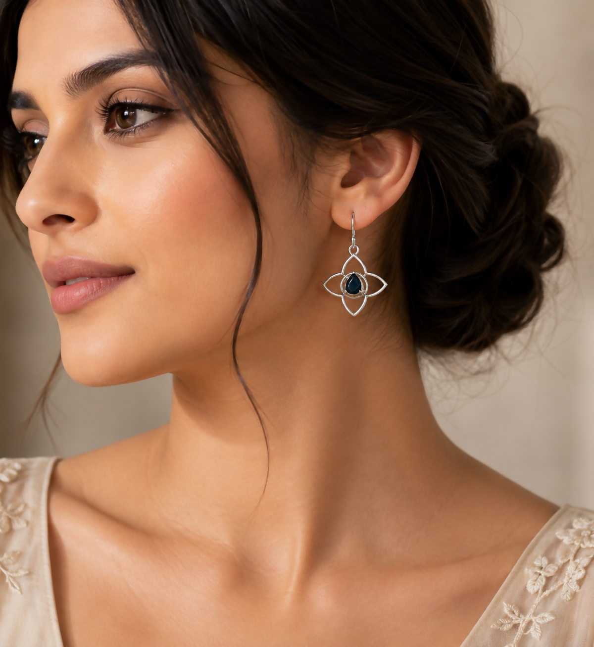 Natural Black Onyx Earrings | 925 Sterling Silver | Floral Drop Earrings