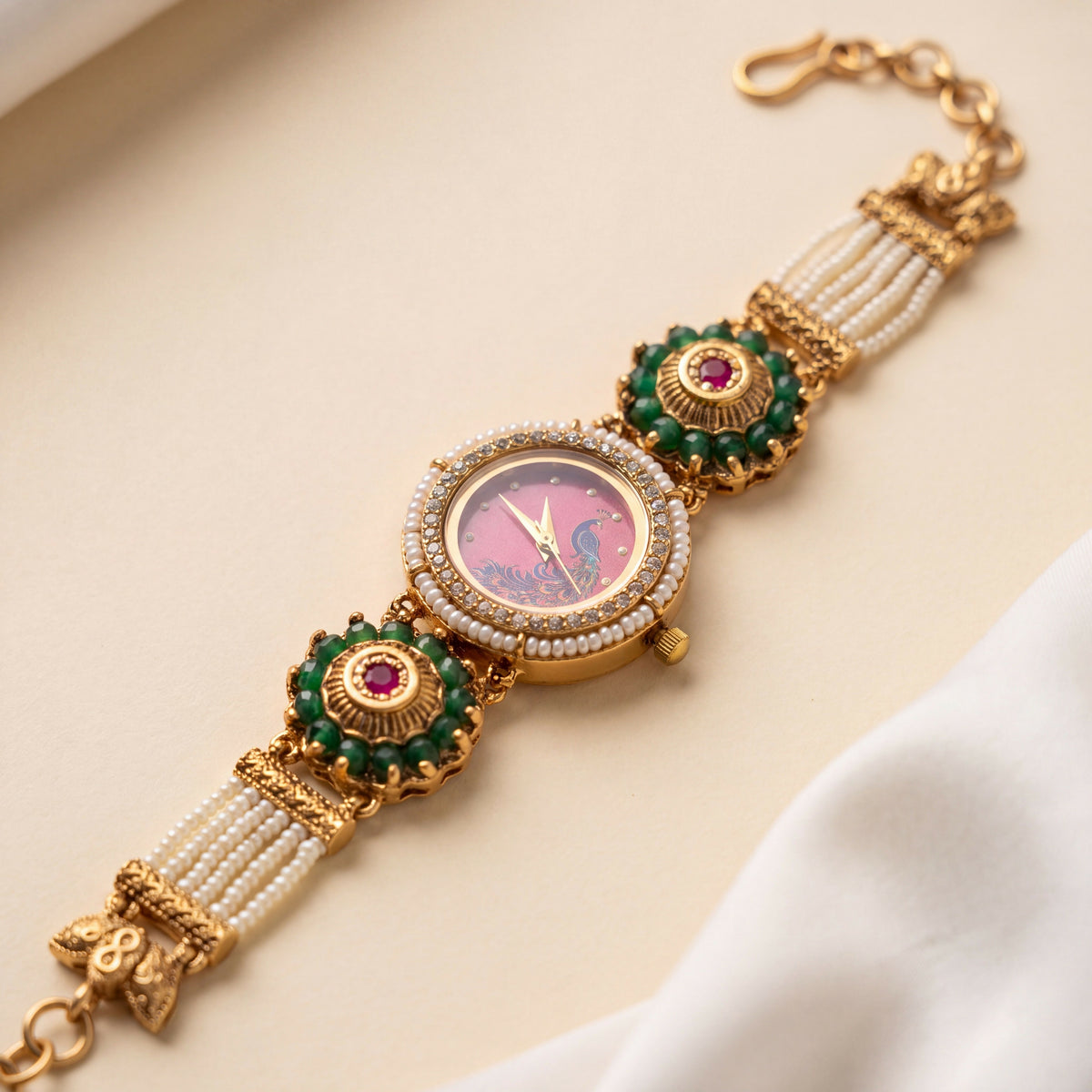 Antique Gold Pink Dial Peacock Motif CZ Pearl Emerald Bracelet Watch for Women & Girls | Stylish Watch | Wrist Watches for Girls | Ideal for gifting | Gift for Diwali, Christmas, Marriage, Birthday, anniversary, wedding