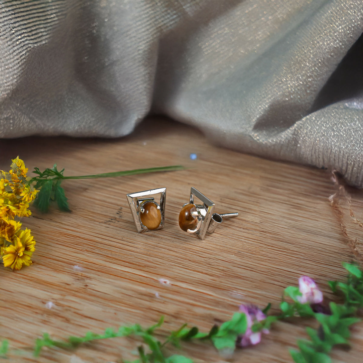 925 Sterling Silver Tiger Eye Eartops for Women | Natural Brown Gemstone Stud Earrings | Rhodium Finish Silver Jewelry