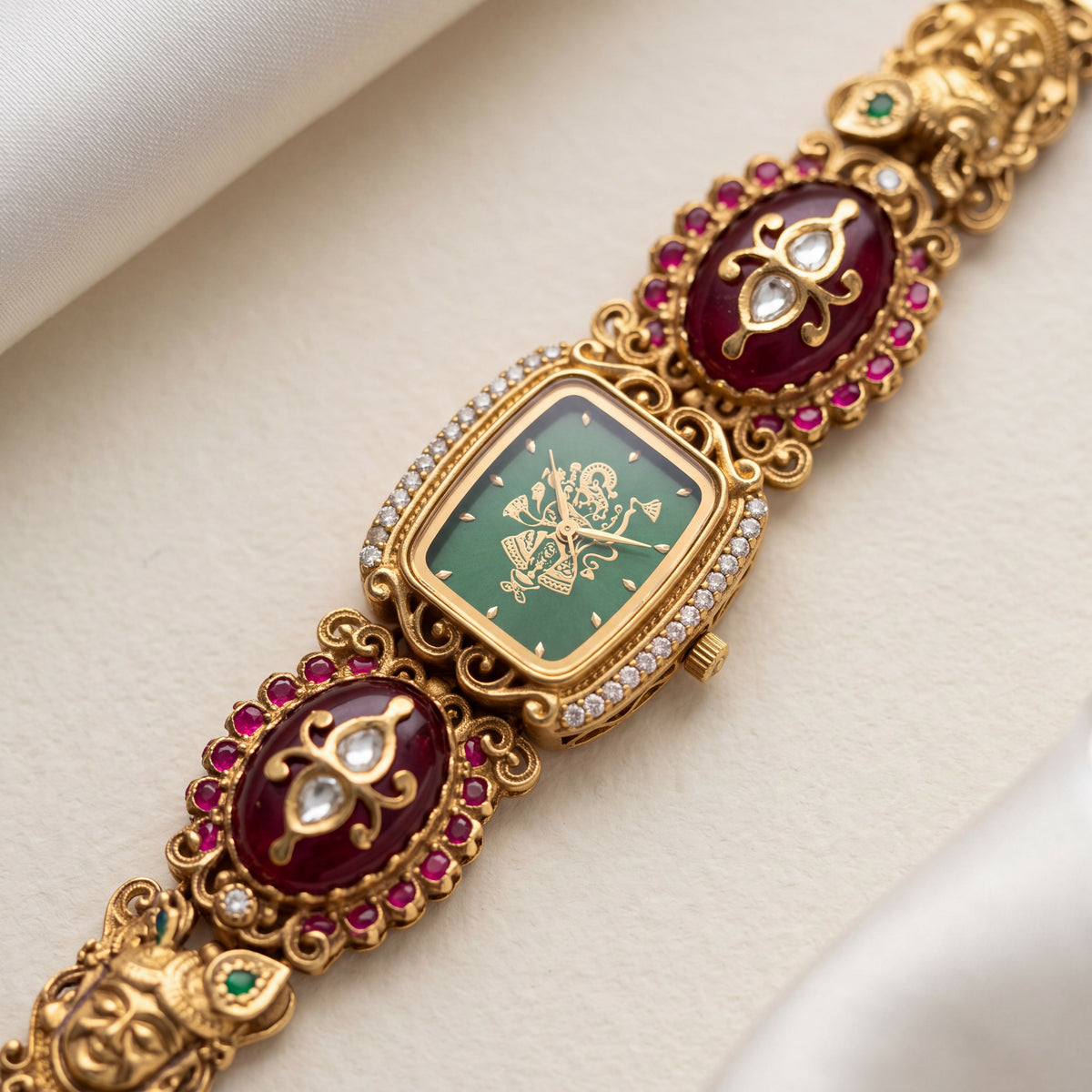 Antique Gold Green Deity Dial CZ Ruby Cabochon Temple Bracelet Watch for Women & Girls | Stylish Watch | Wrist Watches for Girls | Ideal for gifting | Gift for Diwali, Christmas, Marriage, Birthday, anniversary, wedding